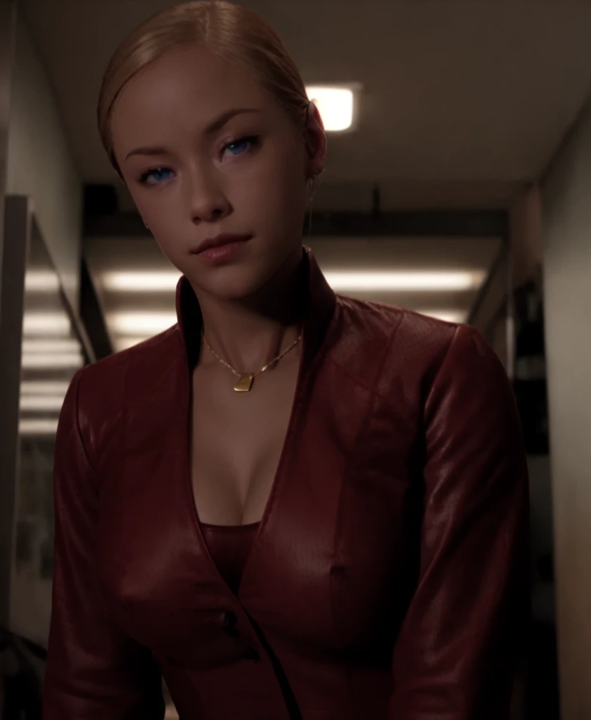 T3RMKL0K, blue eyed, medium to large breast size, perked cleavage, cleavage, red outfit, gold necklace