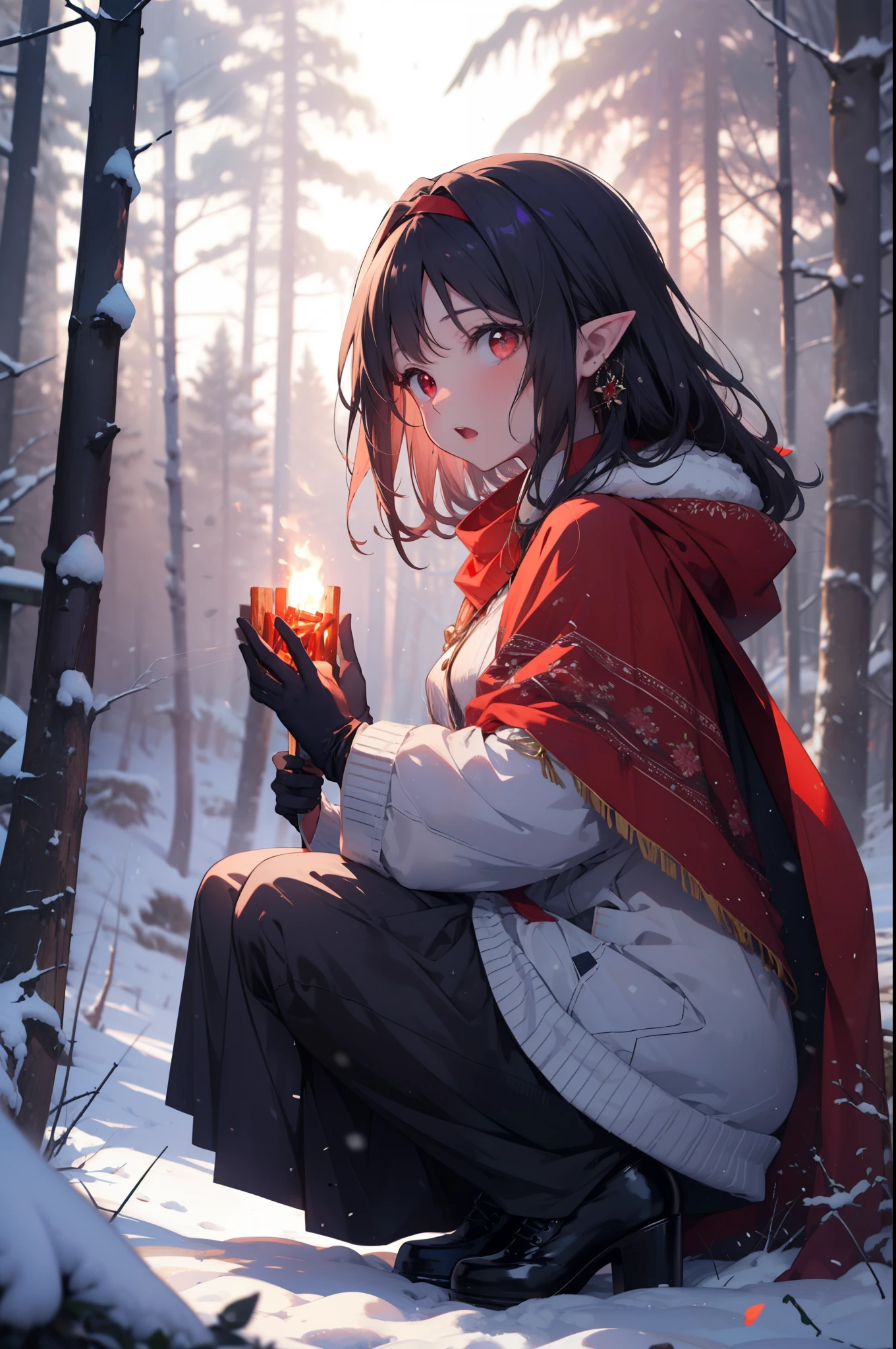 yuukikonno, Yuki Konno, hair band, Long Hair, Pointy Ears, Purple Hair, (Red eyes:1.5), (Small breasts:1.2), Open your mouth,snow, A bonfire is being built on the ground. Outdoors, boots, snowing, From the side, wood, suitcase, Cape, Blurred, forest, gloves, nature, Brown eyes, red gloves, Squat, Mouth closed, 食べ物ed Cape, winter, Written boundary depth, Black shoes, red Cape
break looking at viewer, Upper Body, whole body,
break 屋外, forest, nature,
break (masterpiece:1.2), highest quality, High resolution, unity 8k wallpaper, (shape:0.8), (Beautiful and beautiful eyes:1.6), Highly detailed face, Perfect lighting, Extremely detailed CG, (Perfect hands, Perfect Anatomy),