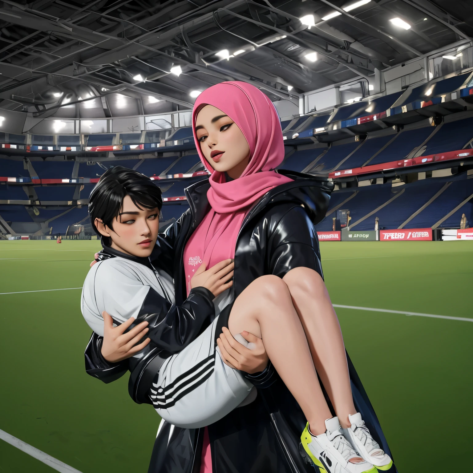 a soccer venue in Somalia, a desparated somali hijabi-girl is standing in a laquered and very shiny quilted coat and carries a man in matte sportswear in her arms, a shouting arab muslim-woman carries a man in dull sportswear, a woman carries in her arms a male soccer player in cotton sportswear, rainy weather, rainfall, humid, girl carries guy, lift and carry, an excessively madeup arab veiled girl in a high-shine wet black latex downcoat, a soccer scene, a soccer injury, first aid carry at a soccer match, a young madeup latino-girl in a shiny black vinyl downjacket, a madeup arab girl in a shiny plastic-downcoat, a very sad and desperately crying latino-girl, an intensely madeup latino-girl in a glossy black vinyl-downcoat, latino-girl with lipstick, muslima-girl with smoky eyes, dramatic action pose, woman that is carrying a skinny shorthaired man, there is a beautiful woman in a shiny coat who is carrying a shorthaired blond man in her arms, a longhaired beautiful woman in a high-shine black puffy coat, a longhaired woman in a shiny downcoat, a woman is carrying a shorthaired man who is wearing black shorts, a weak shorthaired man in black shorts is consciousless and needs to be carried, a shorthaired man with closed eyes is carried in the arms of a longhaired latino-woman, a latino-woman looks very scared and terrified, a consciousless shorthaired man with closed eyes is suffering very much and has a very painful face, photo, photo shoot, photographed, arafed man being carried by a woman, very realistic, very very realistic, hyper-realistic, hyper - realistic, hyper realistic, jacket over bare torso, very disturbing, very hyperrealistic, super realistic, hyperrealistic!, extremely realistic, very very very realistic, super-realistic realistic, super-realistictic!, extremely realistic, very very very realistic, super-realistic realistic, super-realistic, veiled arab woman's face, a completely matte and very dull cotton fabric soccer jersey on a male shaped