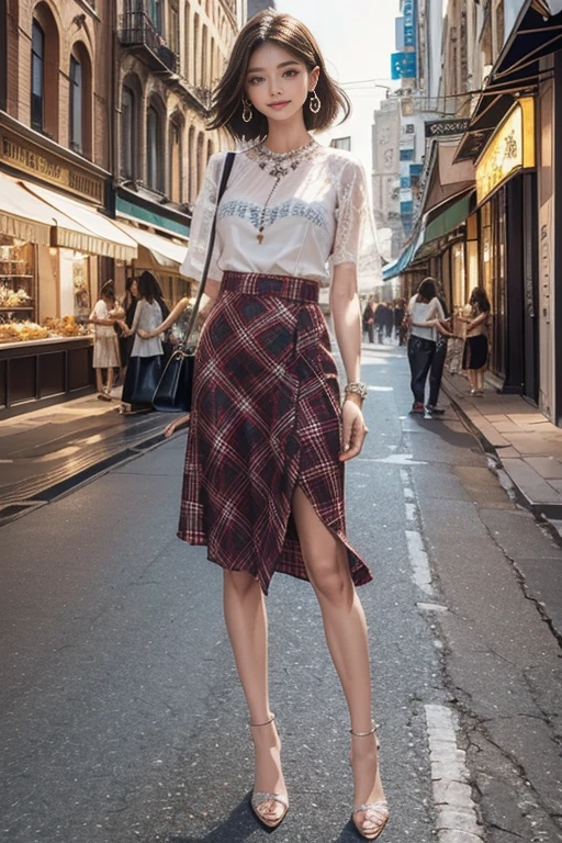 highest quality, Very detailed, masterpiece, 1 person,woman,(((成人womanの完璧な体))),Very beautiful face, Very beautiful body,Very beautiful eyes,(Perfect Makeup:1.1), (((Very beautiful hair))),One-length haircut,Shaggy Hair,Ash Brown Hair:1.3, Slender Body Style,Smart Abs, black lace blouse,Tartan check pattern midi skirt,anklet,Elegant high heels,A kind smile,Full body portrait,(Urban Background:1.3), (Shiny skin),(Earrings),