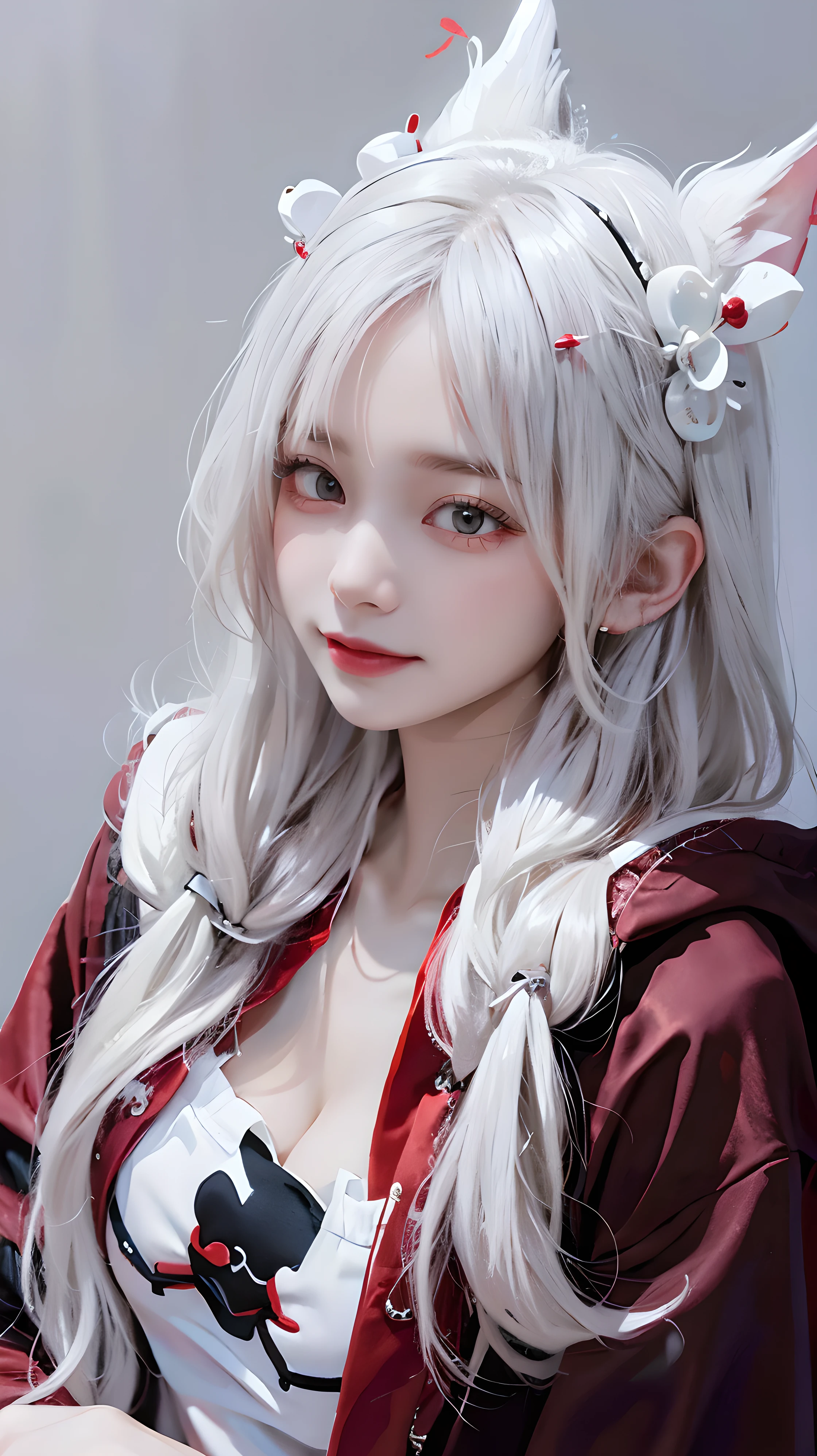 Long white hair - Red eyes - Black hair accessories - Hoodie - Elegant - Mysterious - Minimal exposure - Modesty - Unique - Smile - Charm - Presence