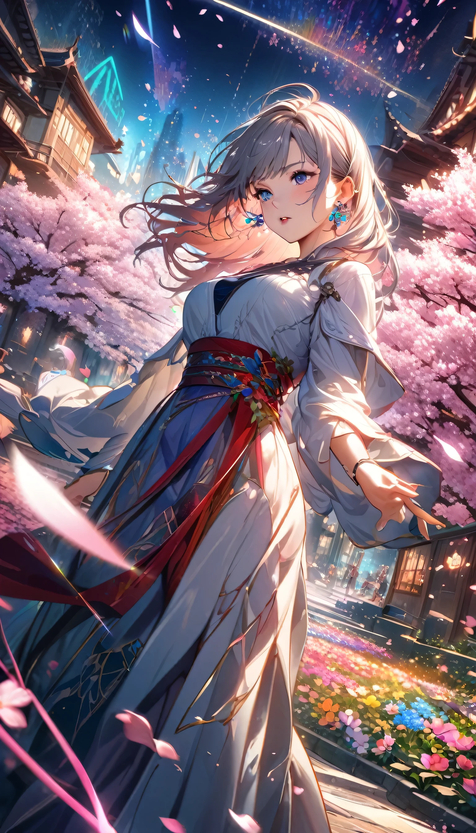 Anime Style, Ultra-fine illustrations, Very detailedな, Dynamic Angle, Beautiful details, 8k, On a Spring Night, Cherry blossom tree illuminated by city lights々is quietly shining. Break A woman stops, I was fascinated by the beautiful scenery, Watching the cherry blossoms fluttering down. Her expression is、It speaks of the coming of spring and a heartfelt admiration for the beauty of cherry blossoms.. masterpiece, highest quality, highest quality, Official Art, beautifully、Aesthetically beautiful:1.2), (1 girl, mature:1.3, Older:1.3), Very detailed,(Fractal Art:1.1),(colorful:1.4)(Flowers:1.3),Most detailed,(Tangled:1.2), (Dynamic pose), (Abstract background:1.3), (Shiny skin), (Many colors:1.4),(Earrings:1.4),