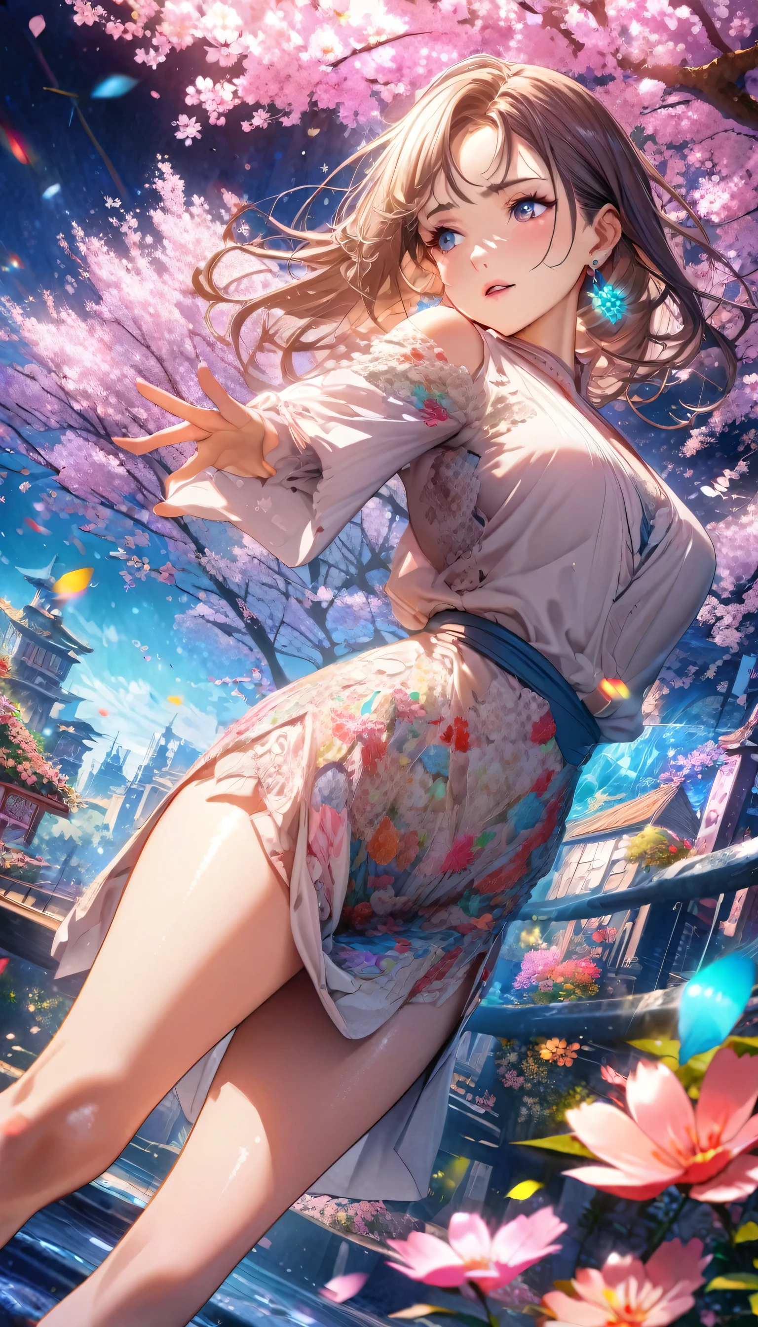 Anime Style, Ultra-fine illustrations, Very detailedな, Dynamic Angle, Beautiful details, 8k, On a Spring Night, Cherry blossom tree illuminated by city lights々is quietly shining. Break A woman stops, I was fascinated by the beautiful scenery, Watching the cherry blossoms fluttering down. Her expression is、It speaks of the coming of spring and a heartfelt admiration for the beauty of cherry blossoms.. masterpiece, highest quality, highest quality, Official Art, beautifully、Aesthetically beautiful:1.2), (1 girl, mature:1.3, Older:1.3), Very detailed,(Fractal Art:1.1),(colorful:1.4)(Flowers:1.3),Most detailed,(Tangled:1.2), (Dynamic pose), (Abstract background:1.3), (Shiny skin), (Many colors:1.4),(Earrings:1.4),