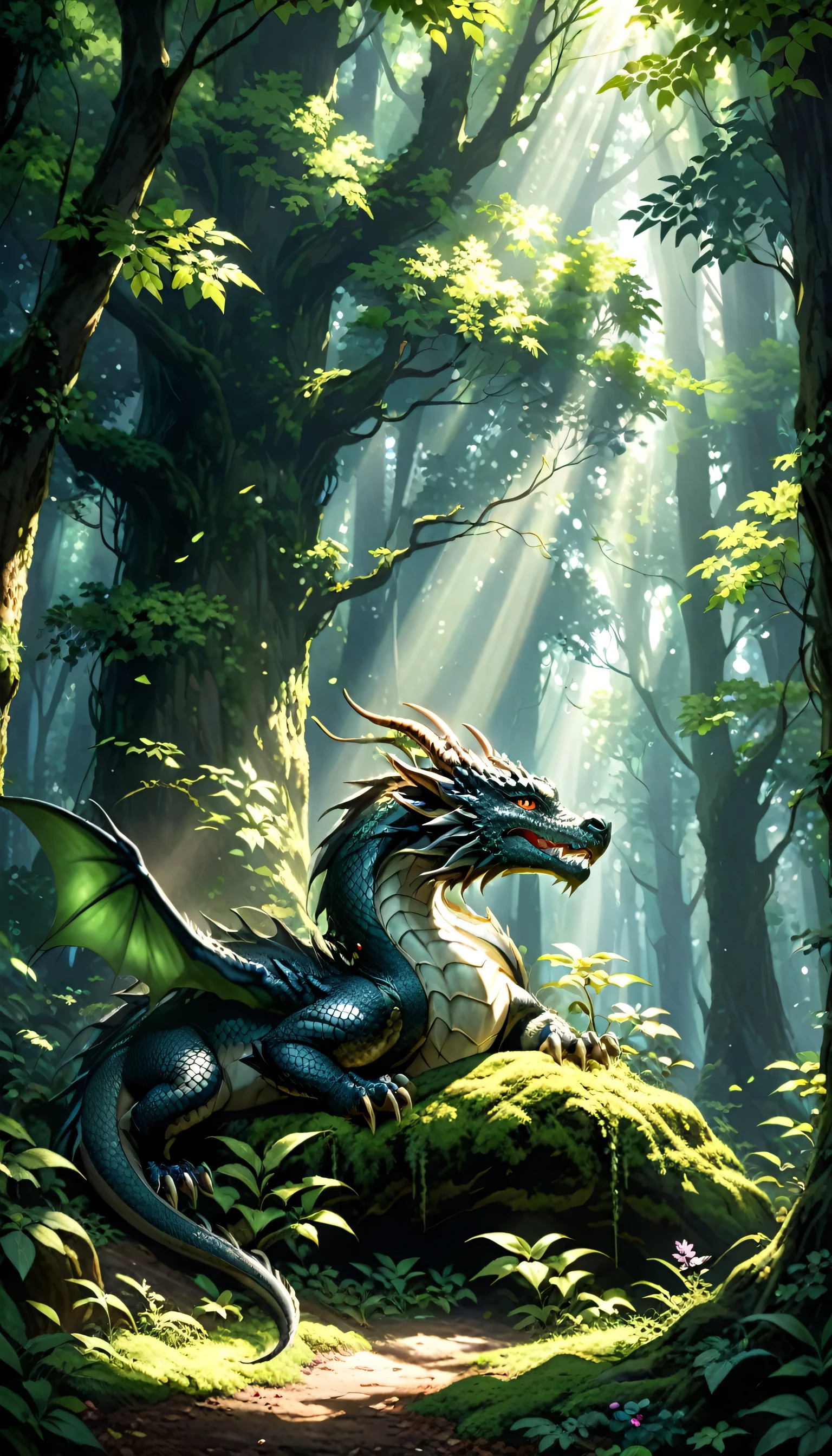 explanation: Secluded forest among, Sunlight penetrates through the dense canopy, Casting a fantastic glow on the forest floor. Towering Tree々among, Mysterious shadows come to life, Those who listen々whisper a secret to. The mysterious charm of whispering shadows、Capture the interplay of light and dark in this mystical setting,Dragon Sleeping in the Mountain