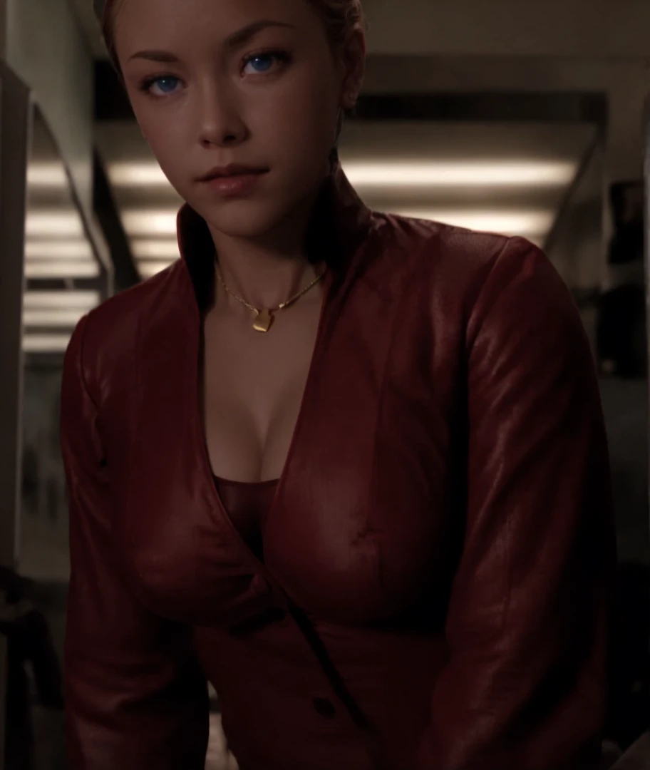 T3RMKL0K, blue eyed, medium to large breast size, perked cleavage, cleavage, red outfit, gold necklace
