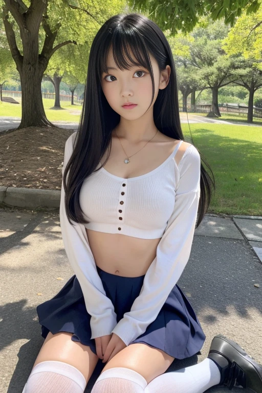 8k,Japanese,9 ,Childish,Innocent face,Innocent look,Teenage Girl,cute,spring-like clothes,Spring weather,Casual wear,Black Hair,Riverside Park,Sitting,Thighs,Décolletage、Absolute area、Thighsの付け根、Chest、Knee-high socks、Her belly button is visible、I can see your tummy、Too much exposed skin