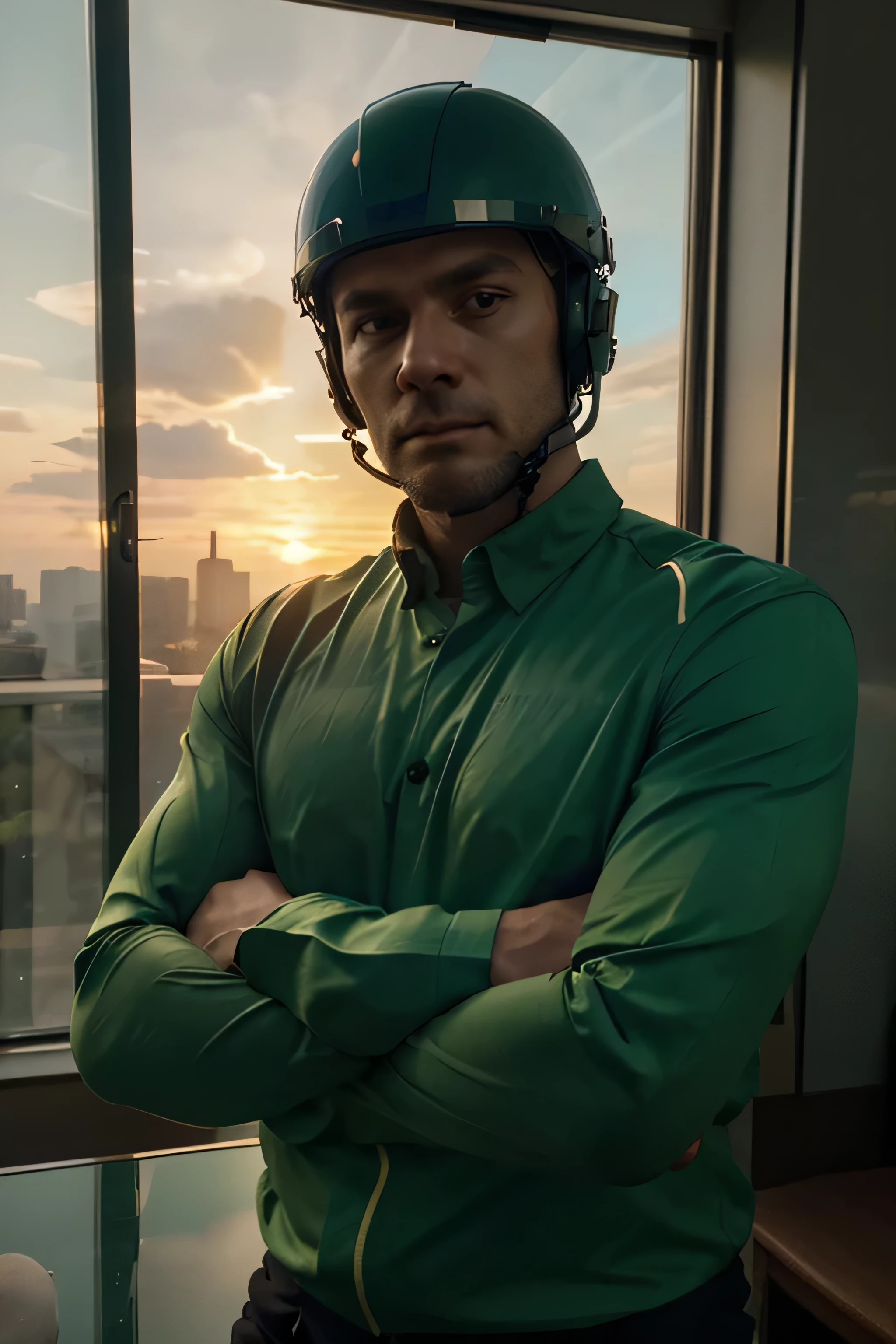a surreal Glazier with his arms crossed at sunset in a glass window, his shirt and helmet are green, precise details, ultra realistic, 4k, quality, high definition