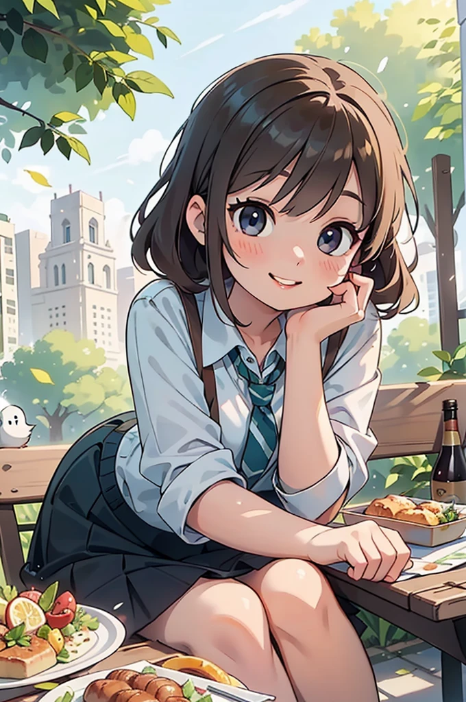 (best quality,realistic:1.37),bright lighting,colorful,beautiful detailed eyes,beautiful detailed lips,longeyelashes,professional,portrait,lovely scene,green garden,clear sky,summer breeze,happy moment,relaxing atmosphere,wooden bench,picnic lunch,appetizing food,smiling,joyful expression,peaceful surroundings,playful birds flying,soft shadows,blissful day,crispy sound of chewing,happy birds chirping,refreshing drink,delicious aroma,tasty bites,relaxed posture,feminine elegance