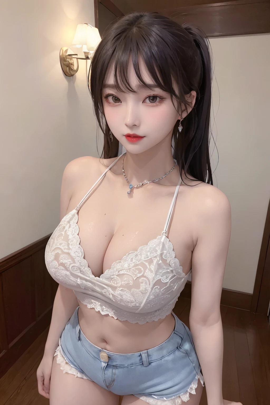 A sexy and charming korea woman, legs thrown back, elegant and intellectual, confident and generous, exquisite and beautiful face, exquisite collarbone, charming fragrant shoulders, navel, full body wet photo, body facing the front, beautiful and exquisite pretty face, peach Red lips, fragrant shoulders slightly exposed, super big breasts looming, focus on the face, seductive and delicate collarbone, ultra-high resolution, tender and smooth skin, very realistic details, bokeh, Bright Background, ultra-high-definition, outstanding details, 8K, blushing face, Attractive collarbone, sexy shoulders, one person, wet bob hair, ponytail long hair, smile with teeth, clothes((luxury lace crop top and lace boxers with deep cleavage, luxury necklace):1.2), high detail, shiny skin, (standing pose:1.5),