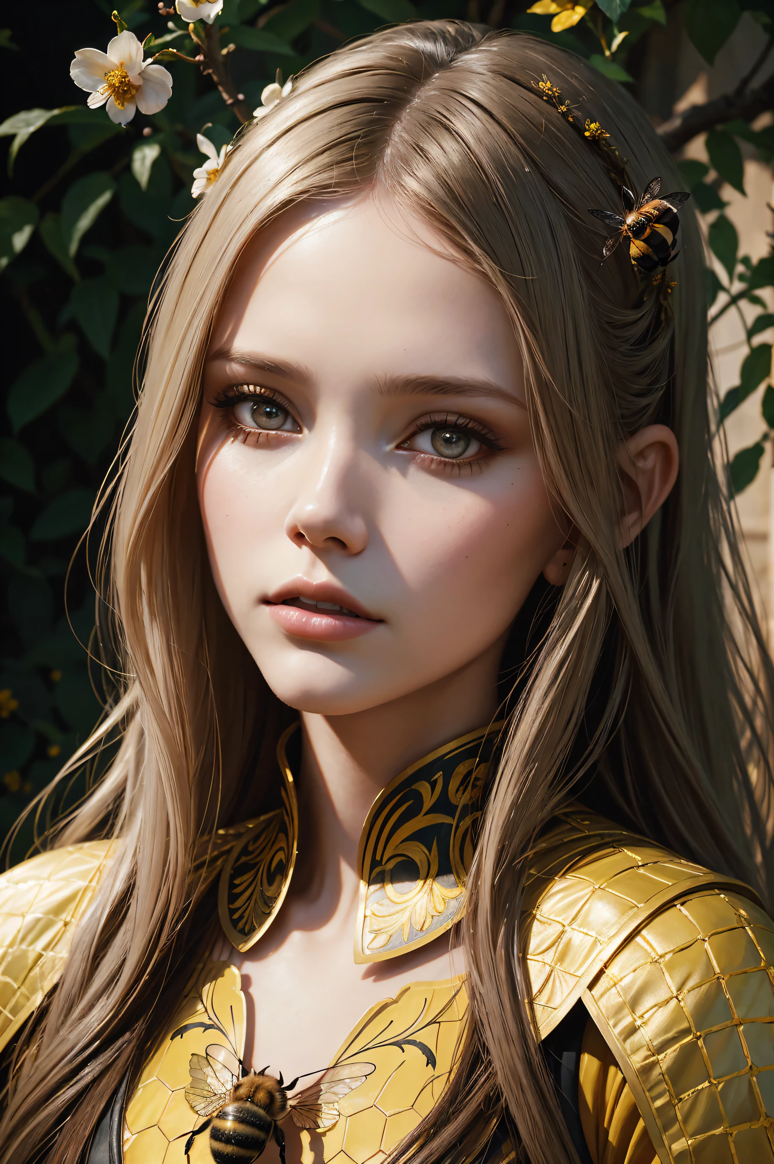 portrait Abbey Lee wearing bee costume, against the background of the garden, character portrait, 3 9 9 0 s, long hair, intricate, elegant, highly detailed, digital painting, artstation, concept art, smooth, sharp focus, illustration, art by wlop, charlie bowater and alexandra fomina