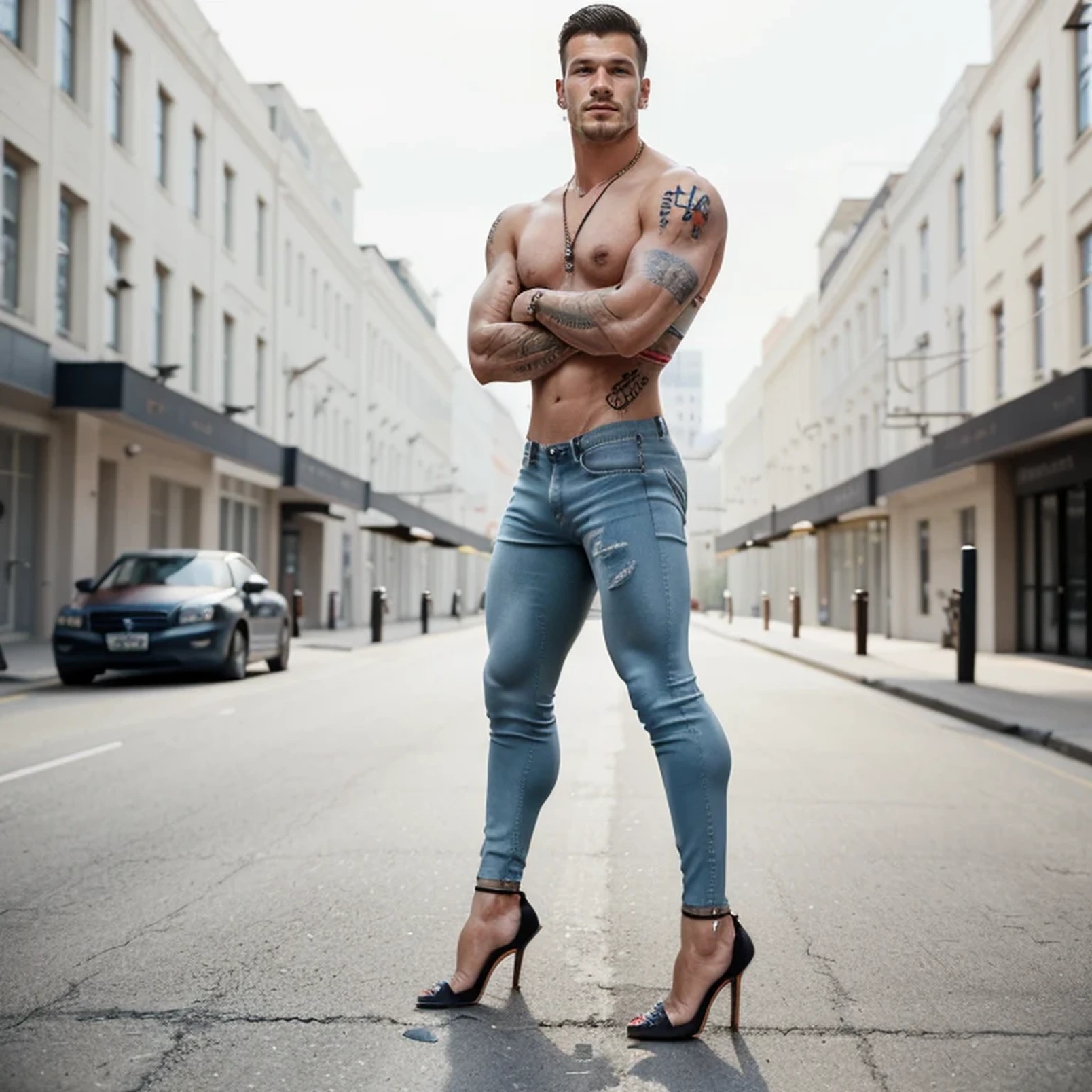 Athletic hunk muscular man with very short hair, tight jeans, bra, very high stiletto heels with pointy toes, earrings, bra ,and makeu, tattoos, long earrings, necklace, lipstick,