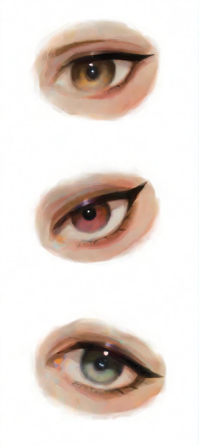 gouache painting style portrait of a gorgeous woman, neutral soft expression on her face, stylized features, slit almond eyes, cat-eyes-eyeliner, melhor qualidade, obra de arte, profissional, ultra intrincado detalhado, 8k, polychromatic impressionist painting, iridescent shadows, brilhos de luz, Pinceladas soltas, cor vibrante, jogo de luz e sombra, captura o sentimento sobre a forma,