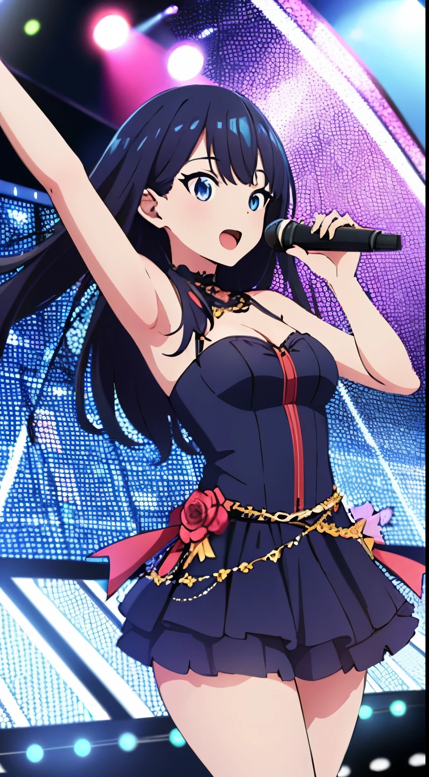 ((highest quality)),((Very detailed)),masterpiece,Anime art style,Absurd,One girl,((Dynamic pose)) , alone, Black Hair, young woman, Beautiful Fingers, Beautiful long legs, Beautiful body, Beautiful Nose, Beautiful character design, Perfect eyes, Perfect face, Expressive eyes, Perfect balance, (Idol Costumes, Idol Dress, Idol Stage, microphone, sing, Open your mouth),View your viewers, In the center of the image,Cowboy Shot,