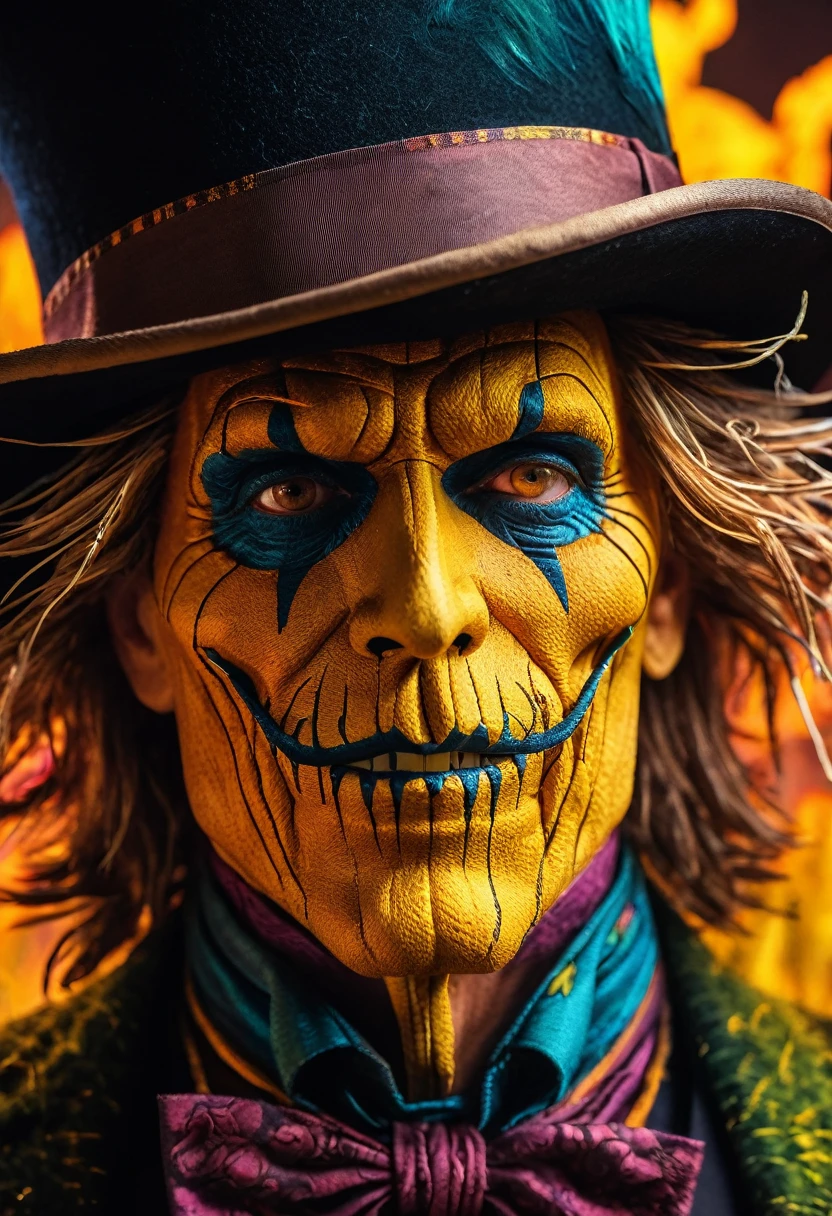 A close up of a man wearing a top hat, john picacio and brom, willem dafoe as scarecrow, best of behance, madhatter, josan gonzalez and tyler edlin, by Jack Davis,, character design, embers, bright bold colors, macro lens, dark fantasy, decopunk, cinematic, dslr, bokeh, american horror story, redneck