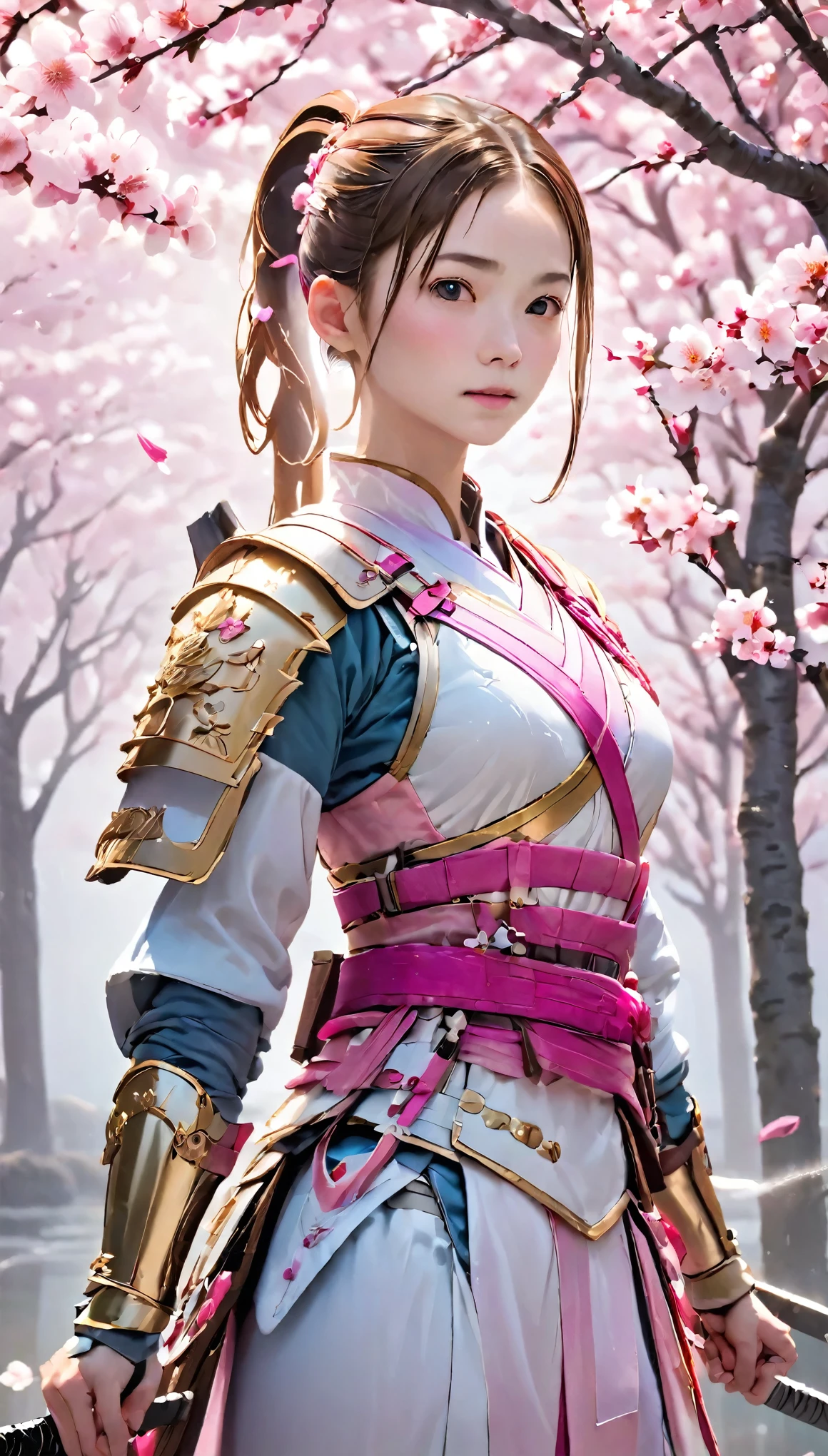 Great quality, masterpiece, highest quality, Super detailed, Super detailed, Ultra-high resolution, Perfect Anatomy, Blurred Background, Outdoor,( cherry blossoms:0.6), fog, Studio Lighting, Bright foreground, Face the viewer,
(Pink Hybrid White) armor, woman, Holding, Ral Electruzt Sword, ponytail, Shine, Shine, dazzling,
HK Style,
Very detailed,
