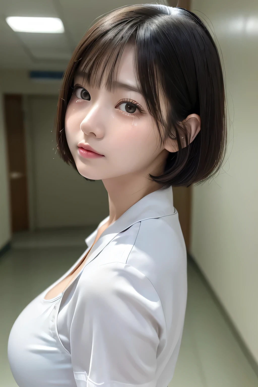 (1 Girl)、(Beautiful Japanese、18years old,round face、Refreshing、clear、seems kind、stylish、Pitiful、cute like an angel、cute、black eyes、,actress,Almond-shaped eyes,Translucent white skin、Beautiful skin), Good style , (Beautiful big breasts:1.2),(soft breasts),(very cute),(Black hair),(short bob hair),(enchanting eyes),(highlight on eyes:1.2)、(8K、Live shooting、highest quality、masterpiece:1.2、optimal lighting)、((masterpiece)),(Photo taken by a professional photographer),(real、photo real:1.4),break,{ (White nurse costume),(((taraditional nurse uniform))),,{(White nurse tight pants)},(cleavage:1.2)},( jumpy:1.4),(tears:1.4))(cheeks are red:1.2), break, break,Old abandoned hospital,Face shot:1.3、Early morning hallway、Looking at viewer:1.6, face close-up,Looking up、Are standing、(((There is a ghost behind))),((((Looking back))))