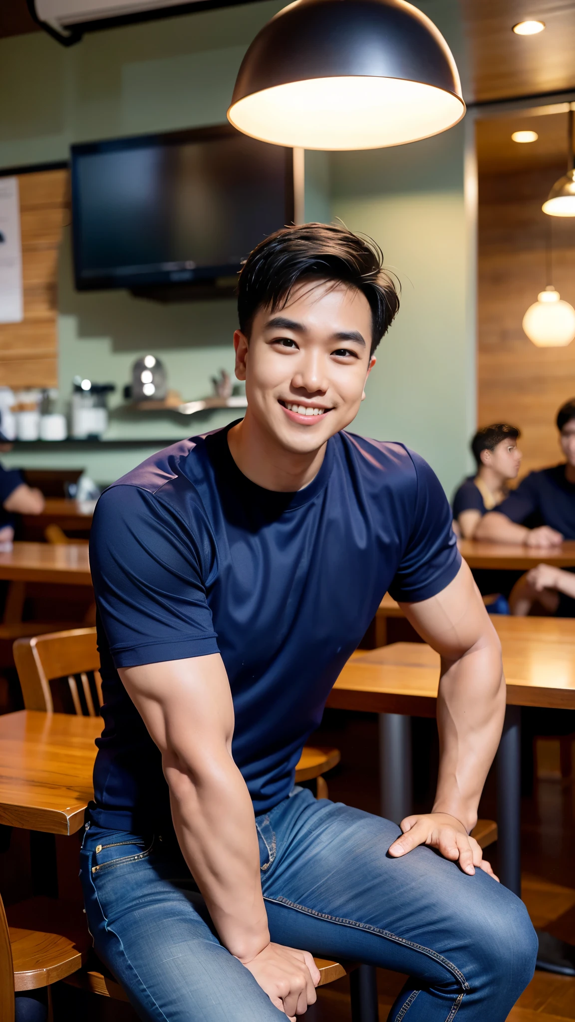 1 man in the middle of the picture, smile, (Wear a dark navy round neck shirt., short sleeve shirt ยี่ห้อ under armor), (jeans), (Korean people) , korean men, (Realistic lighting), looking at the audience, Balancing eye contact), in the coffee shop, cafe