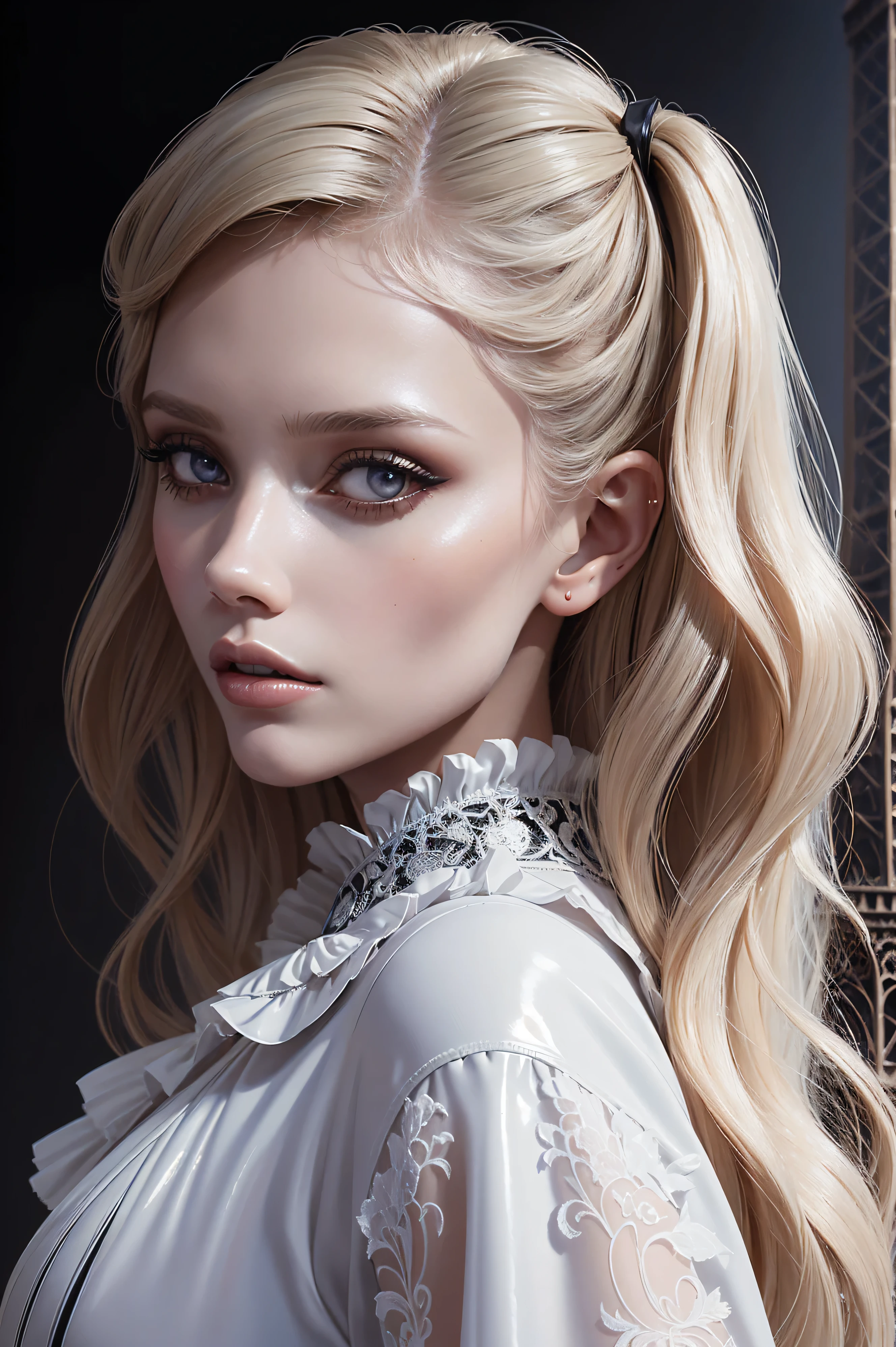 portrait Abbey Lee wearing french maid latex, against the background of the Eiffel Tower, character portrait, 3 9 9 0 s, long hair, intricate, elegant, highly detailed, digital painting, artstation, concept art, smooth, sharp focus, illustration, art by wlop, charlie bowater and alexandra fomina