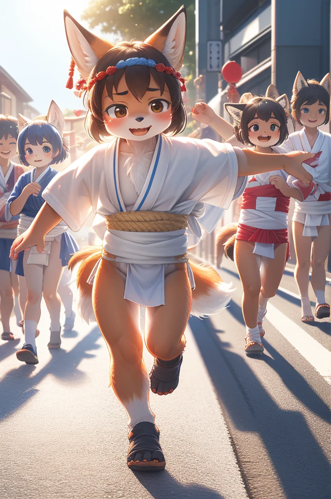 rear Bokeh , hairy fox girl , Short stature , realistic hairy fur , round face , Swollen cheeks , glossy lips , Childish hairstyle , Hair ties , Japanese festivals, hakata yamakasa , happi coats , fundoshi , summer sunny day , cumulonimbus , running , Crowds along the road