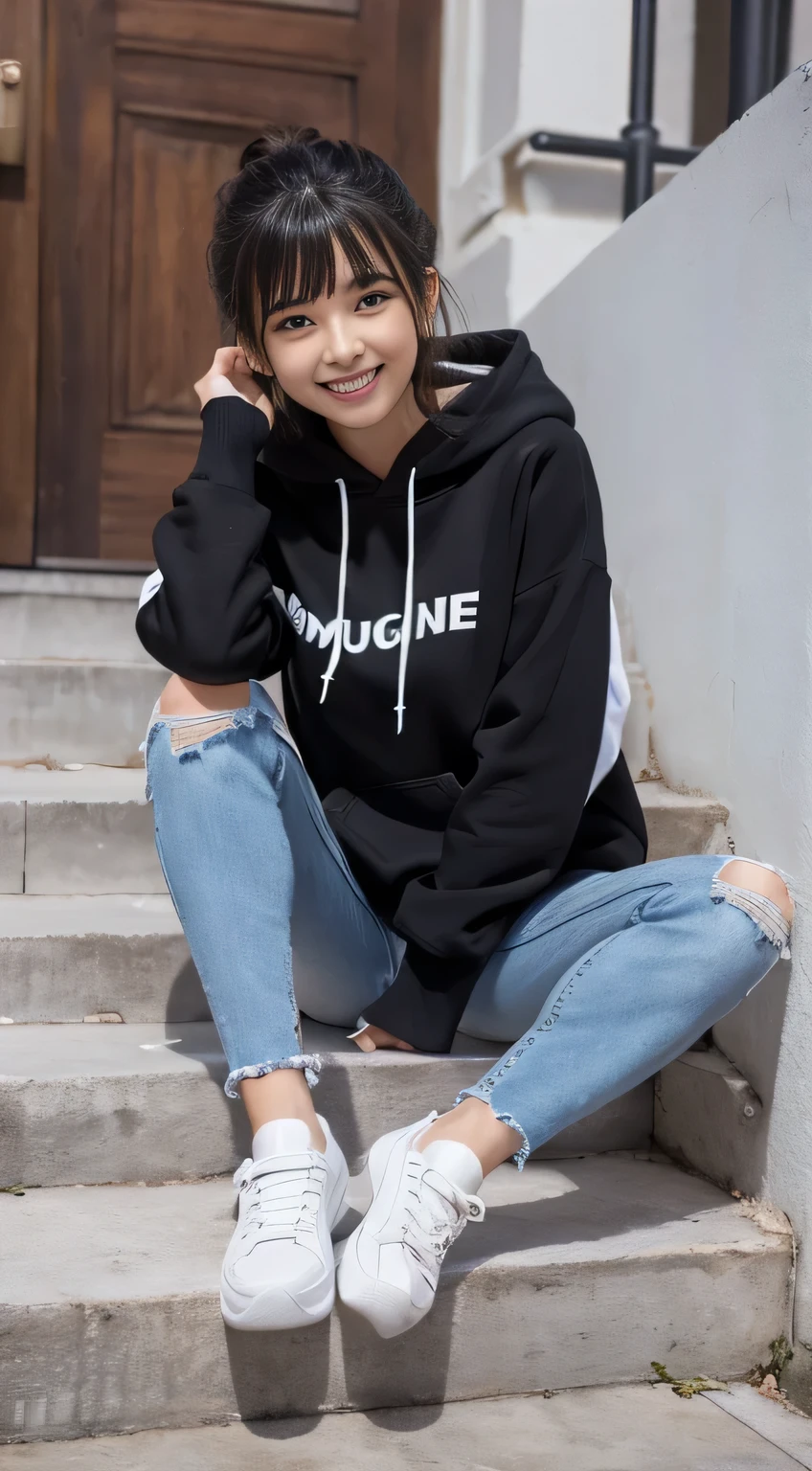 highest quality, Realistic, Very detailed, Finer details, High resolution, 8k wallpaper, One beautiful woman,Sit on the stairs、(Wear black socks)smile、(Beautiful teeth alignment、)(Gums are visible) Oversized hoodie, Skinny jeans,( Black sneakers)、Black Hair、 Beautiful Bangs、ear piercing、Perfect dynamic composition, Beautiful and detailed, Full Body Shot, A big smile