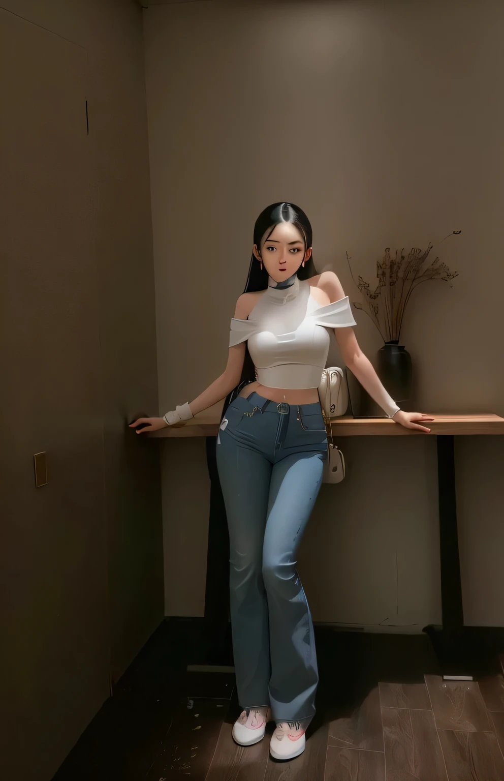 A woman stands in a room with a wooden table, 2020 fashion, Korean female fashion models, Home, Photos of slim girl models, Dilraba Dilmurat, Wearing a sexy cropped top, ( ( ( wear jeans ) ) ), Official, Sleek white skintight suit, 🤬 🤮 💕 🎀, 2 4-year-old female model