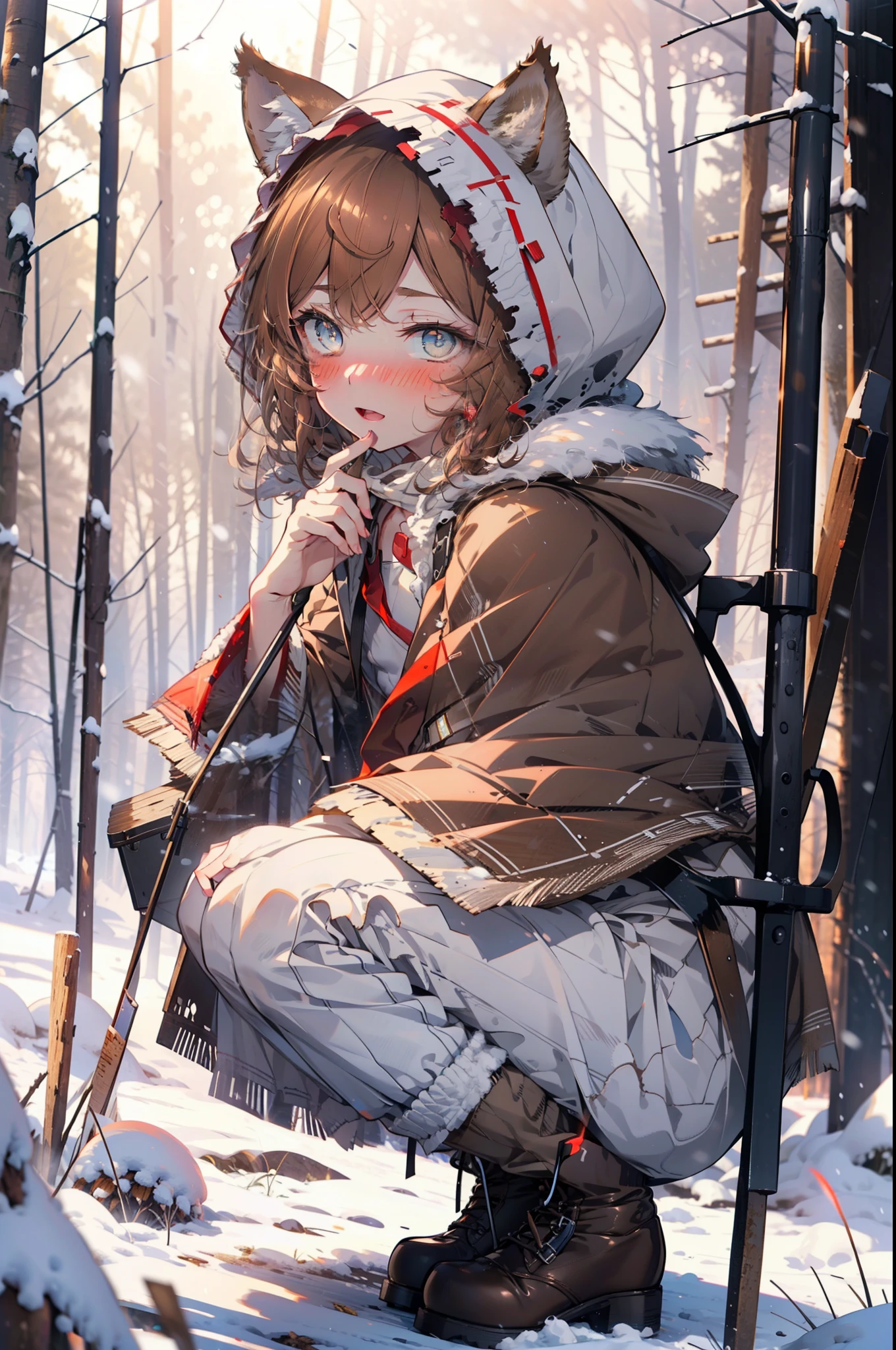 Lililukarde, Liliruka gets burned, Animal ears, (Brown eyes:1.7), Brown Hair, (Flat Chest:1.2), short hair,smile,blush,White Breath,
Open your mouth,snow,Ground bonfire, Outdoor, boots, snowing, From the side, wood, suitcase, Cape, Blurred, having meal, forest, White handbag, nature, Squat, Mouth closed, Cape, winter, Written boundary depth, Black shoes, red Cape break looking at viewer, Upper Body, whole body, break Outdoor, forest, nature, break (masterpiece:1.2), highest quality, High resolution, unity 8k wallpaper, (shape:0.8), (Beautiful and beautiful eyes:1.6), Highly detailed face, Perfect lighting, Extremely detailed CG, (Perfect hands, Perfect Anatomy),