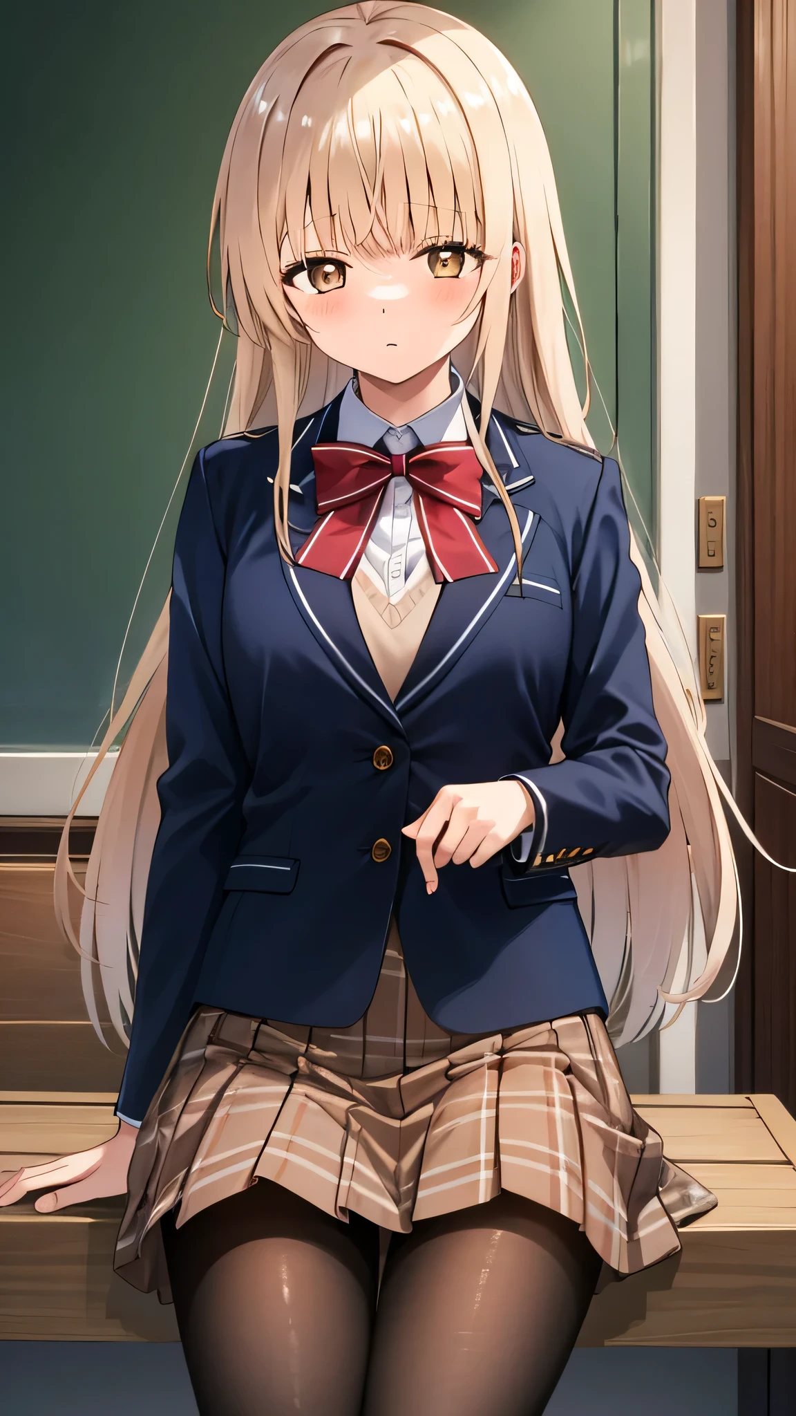 {{{masterpiece}}}, {{{best quality}}}, {{ultra-detailed}}, {illustration}, {{an extremely delicate and beautiful}}, 8k, nsfw, Shiina Mahiru(The Angel Next Door Spoils Me Rotten), aamahiru, long hair, red bowtie, blue jacket, blazer, long sleeves, plaid skirt, brown skirt, pantyhose, zettai ryouiki