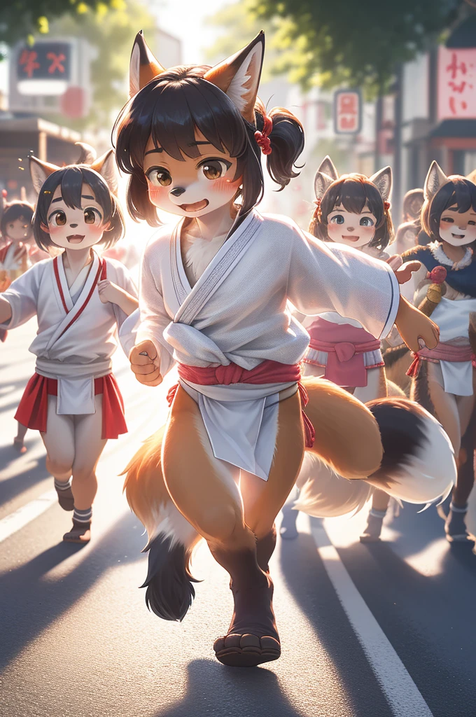 rear Bokeh , hairy fox girl , Short stature , realistic hairy fur , round face , Swollen cheeks , glossy lips , Childish hairstyle , Hair ties , Japanese festivals, hakata yamakasa , happi coats , fundoshi , summer sunny day , cumulonimbus , running , Crowds along the road