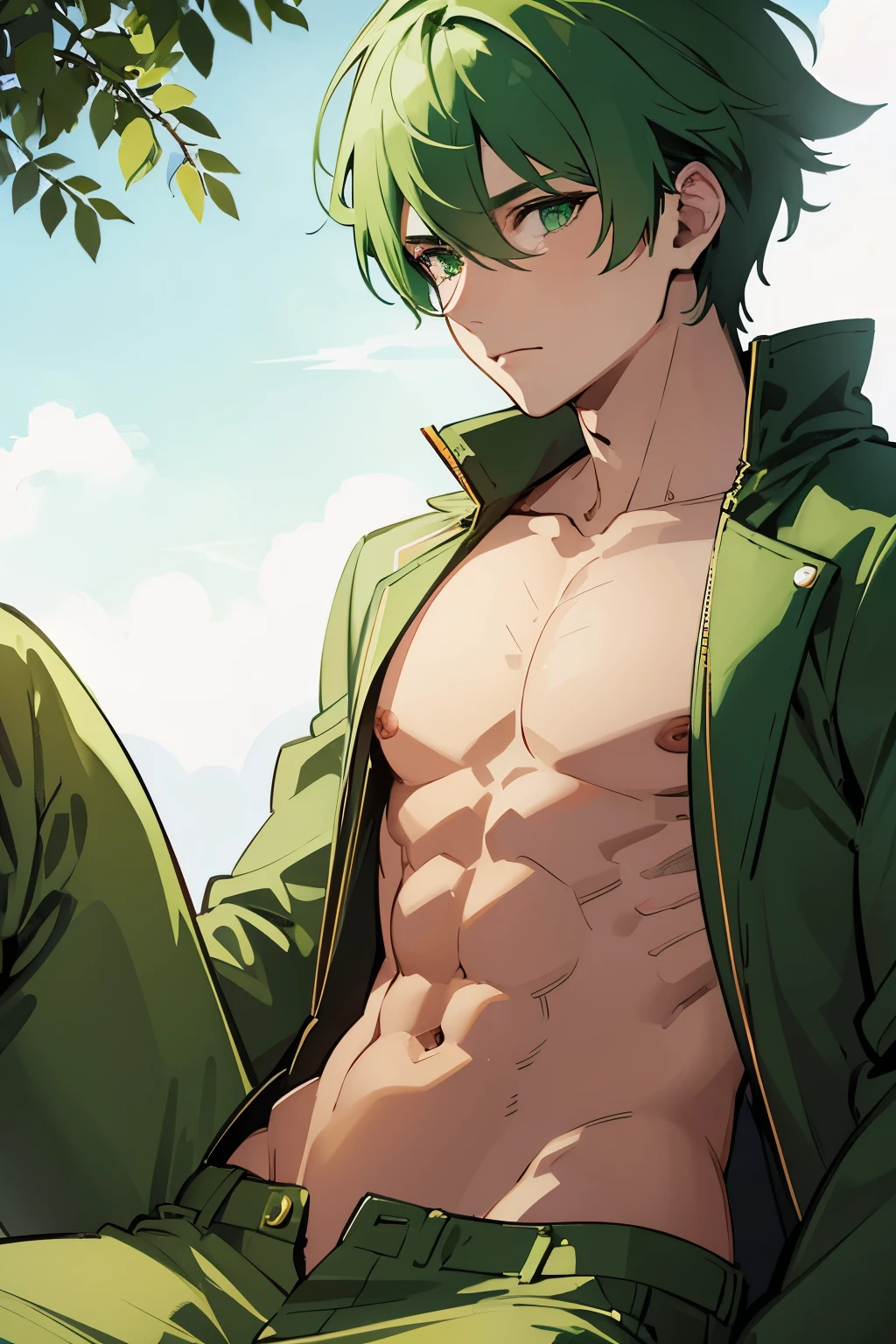 green haired man, green eyes, cool, Six Pack