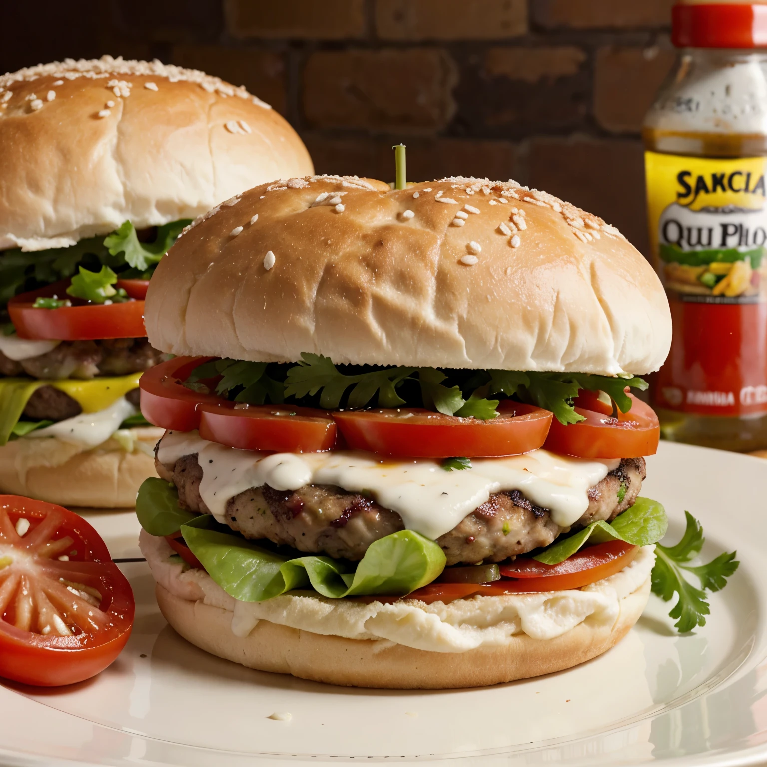 Hamburguesa con lechuga, tomate, salsa blanca y una pechuga de pollo