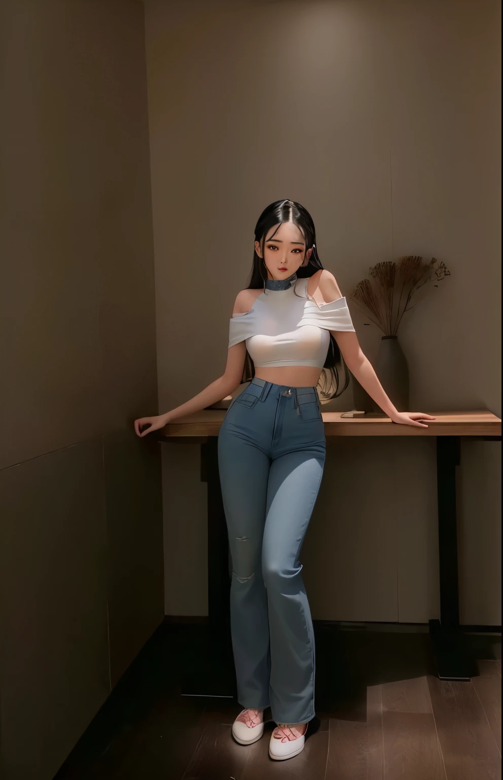 A woman stands in a room with a wooden table, 2020 fashion, Korean female fashion models, Home, Photos of slim girl models, Dilraba Dilmurat, Wearing a sexy cropped top, ( ( ( wear jeans ) ) ), Official, Sleek white skintight suit, 🤬 🤮 💕 🎀, 2 4-year-old female model
