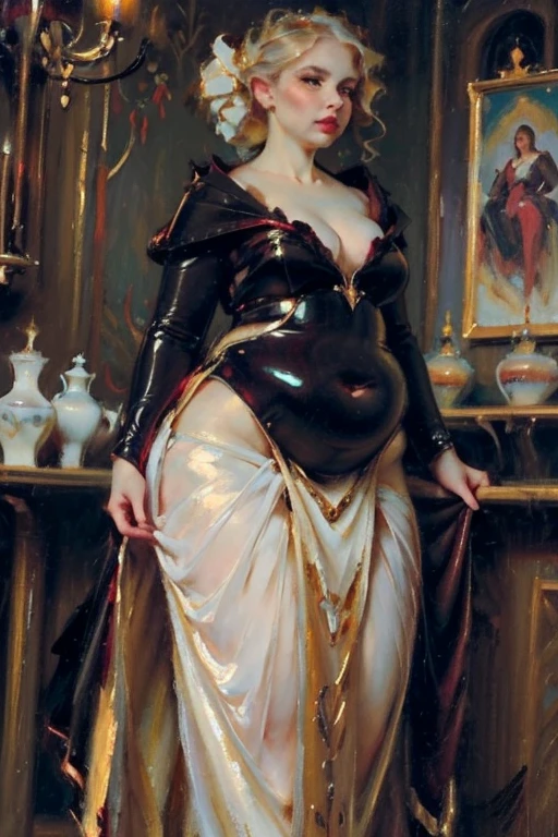(Masterpiece), (detailed), (high quality), medieval painting of a tall vampire woman with pale skin and black dress, curvy body and wide hips, pear shape, red eyes
