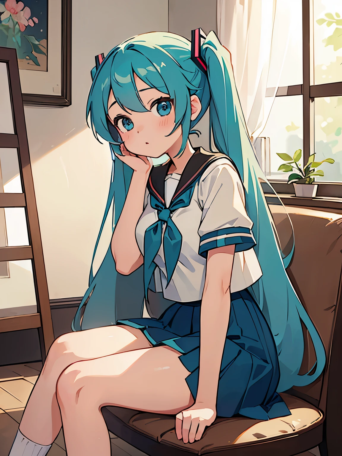 (masterpiece、最high quality、最high quality、Official Art、Beautiful and beautiful:1.2)、(One girl:1.3)Hatsune Miku、Twin tails,Big Breasts,masterpiece,high quality, 1 girl,(serafuku:1.2),Sitting,Lean back,Place one'Put your foot forward, 10-year-old female,Thick eyebrows,Droopy eyes, Baby Face,Round face,Big round eyes,Braiding, 短いTwin tails, Blunt bangs,Black Hair,Glasses,Brown eyes,Very short stature,Very thin limbs,Sailor suit,mini skirt,White panties,kanedabike,Large scooter, SF,cyber punk, Very low seat,SF,cyber punk,Low vehicle height,One step ahead,