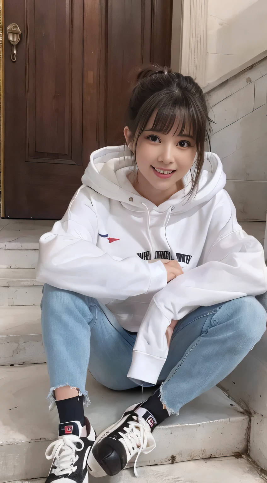 highest quality, Realistic, Very detailed, Finer details, High resolution, 8k wallpaper, One beautiful woman,Sit on the stairs、(Wear black socks)smile、(Beautiful teeth alignment、)(Gums are visible) Oversized hoodie, Skinny jeans,( Black sneakers)、Black Hair、 Beautiful Bangs、ear piercing、Perfect dynamic composition, Beautiful and detailed, Full Body Shot, A big smile