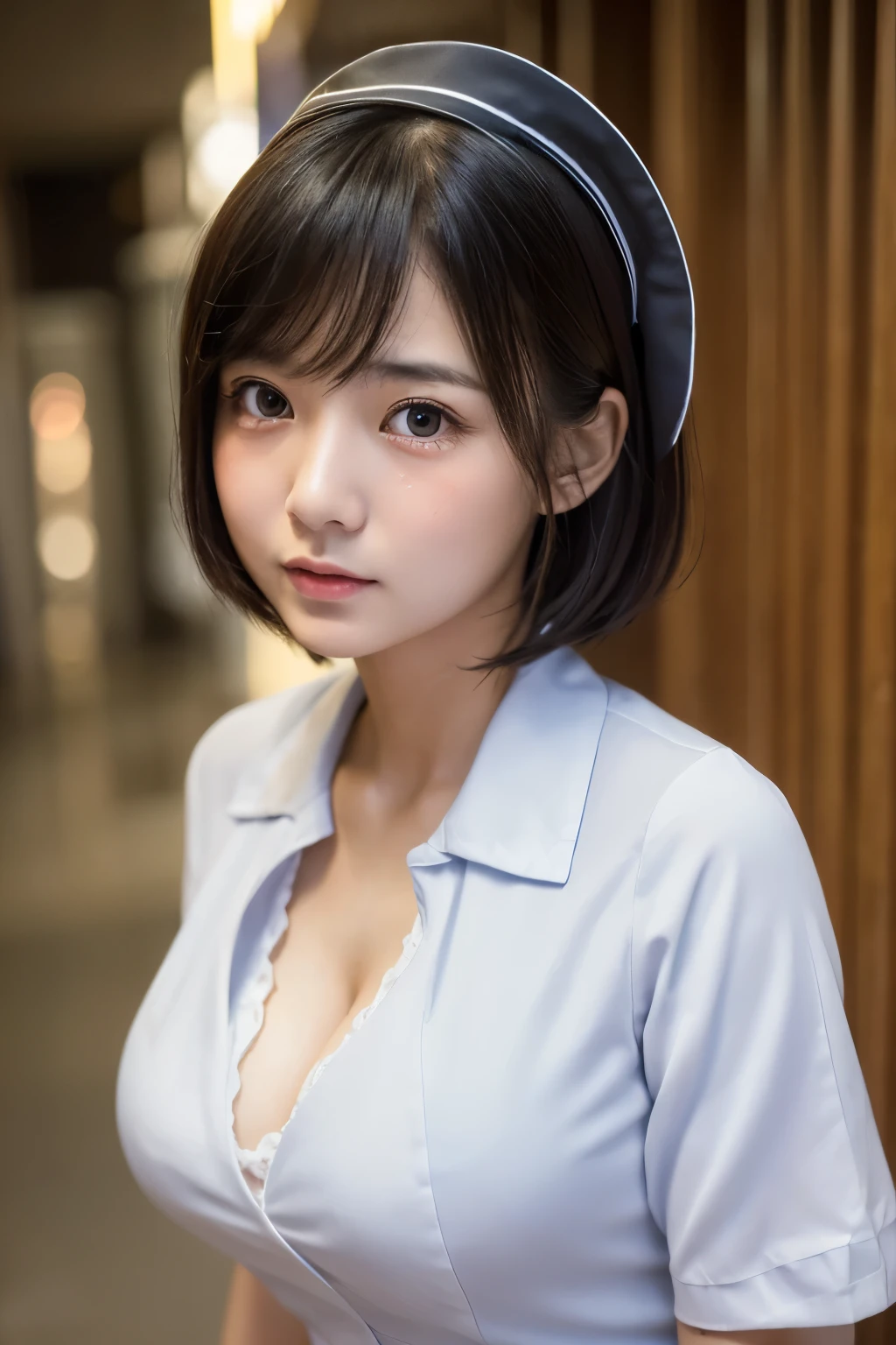 (1 Girl)、(Beautiful Japanese、18years old,round face、Refreshing、clear、seems kind、stylish、Pitiful、cute like an angel、cute、black eyes、,actress,Almond-shaped eyes,Translucent white skin、Beautiful skin), Good style , (Beautiful big breasts:1.2),(soft breasts),(very cute),(Black hair),(short bob hair),(enchanting eyes),(highlight on eyes:1.2)、(8K、Live shooting、highest quality、masterpiece:1.2、optimal lighting)、((masterpiece)),(Photo taken by a professional photographer),(real、photo real:1.4),break,{ (White nurse costume),(((taraditional nurse uniform))),,{(White nurse tight pants)},(cleavage:1.2)},( Surprised:1.4),(tears:1.4))(cheeks are red:1.2), break, break,Old abandoned hospital,Face shot:1.3、Night corridor、Looking at viewer:1.6, face close-up,Looking up、Are standing、((( A realistic ghost of an old man))),