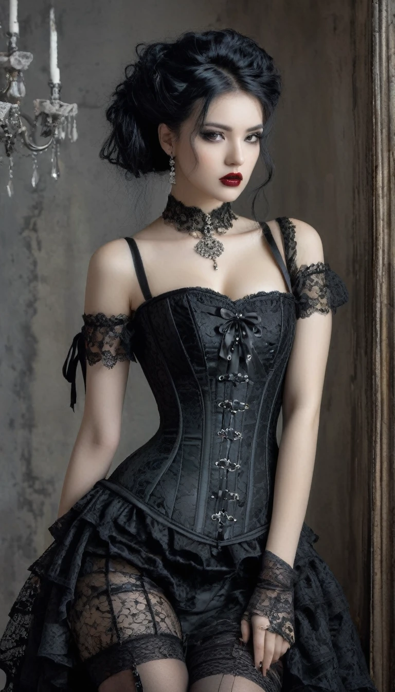 beautiful thoughtful beauty slender young woman in a black corset and stockings posing for a photographer, portrait, inspired by Luis Royo and David Choe, Tumblr, Gothic art, lace, patterns, jewelry, wearing a Gothic dress, Gothic clothing, Gothic fashion, Gothic outfit, Gothic and baroque, Gothic aesthetic, wearing modern Gothic clothes, black hair, Gothic maiden, Gothic style, victorian Gothic, Gothic influence, nice face