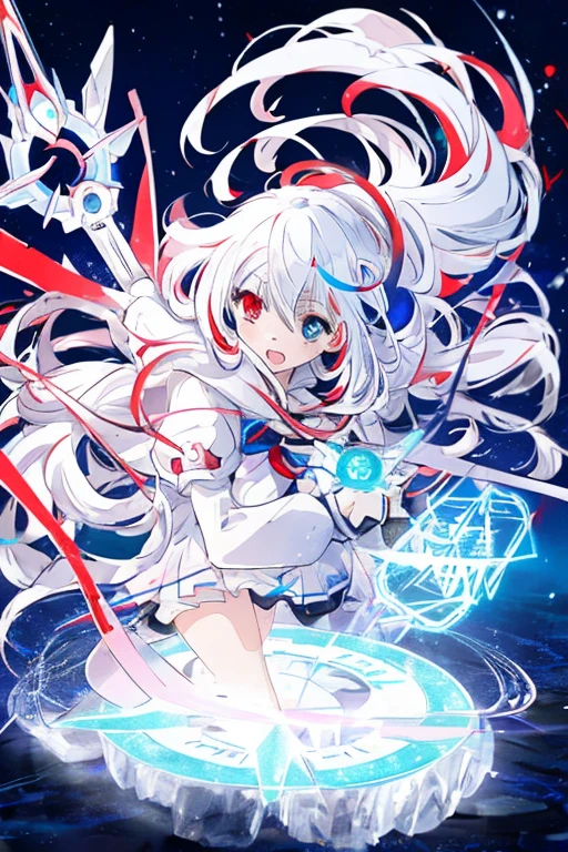 anime girl with long white hair holding a ice sword, ice magic circle, best anime 4k konachan wallpaper, white haired deity, zerochan art, anime art wallpaper 8 k, anime style 4 k, ufotable art style, detailed key anime art, anime art wallpaper 4 k, anime art wallpaper 4k, ryuko matoi, white haired, anime wallaper, (((heterochromia, blue and red eyes)))