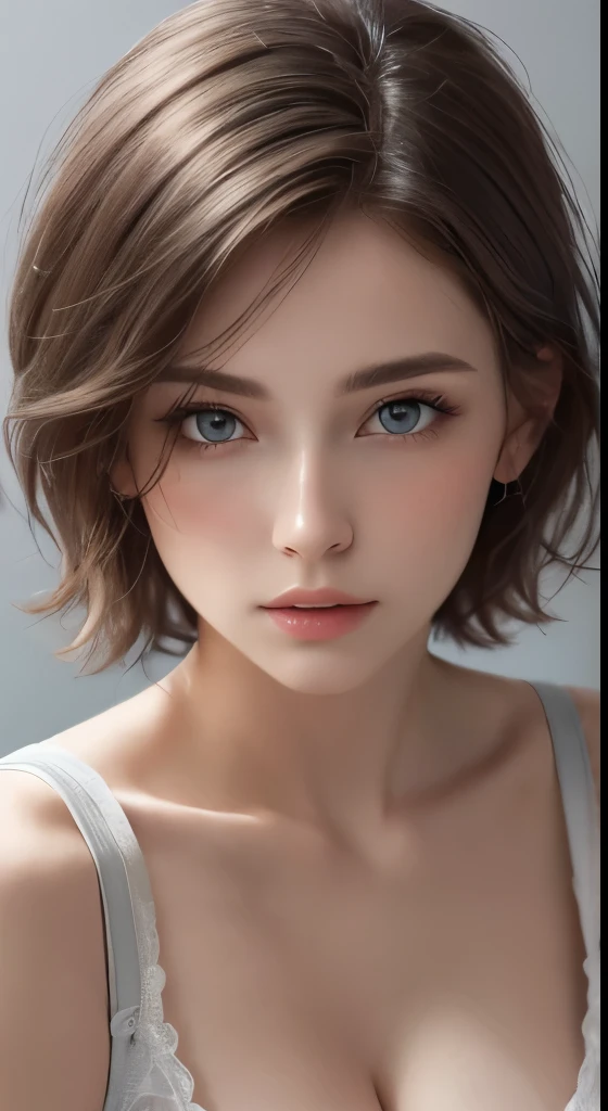 masterpiece, Highest quality, {Highest quality}, {{masterpiece}}, {High resolution}, 8K uhd、RAWphotograph、モデルphotograph撮影、 European race、(masterpiece、Highest quality、Photorealistic、High resolution、photograph:1.3)、Close-up、Focusing、Hot Model、slim、30 year old mature woman、Small face、No makeup、short hair、Dark Hair、Thin beautiful eyes、Real Skin、(perfect body)、Detailed beautiful eyes、Glossy lips、Small breasts、Small breasts、Bust B cup、Realistic details、Cool beauty、Sexy pose、Background gray、Plain gray background