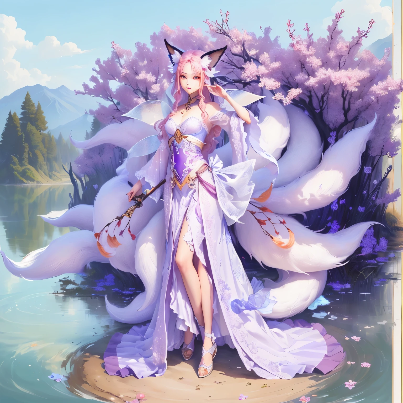 Nine-tailed fox fairy，Delicate facial features，fit，whole body