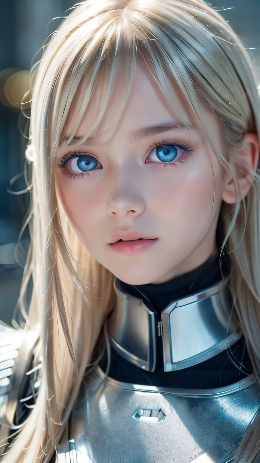 highest quality、8k Masterpiece、Ultra-high resolution、(Realistic:1.3)、RAW Photos、14 year old Scandinavian girl with shiny blonde hair、Silvery blonde hair、Super long straight hair、Bangs between the eyes、Bangs that cover the eyes、片Bangs that cover the eyes、Bangs between the eyes、White and glowing skin、1. Cyberpunk Super Beautiful Soldier、((Ultra-Realistic Details))、Portraiture、Global Illumination、Shadow Realm、Octane Rendering、8k、Ultra Sharp、Metal、Cool colors、、Very intricate detail、Realistic Light、Trends of the CG Association、so beautiful, Big bright blue eyes、Very big eyes、Eyes shining at the camera、Neon Details、Small Face Beauty、Round face、Cheek highlight
