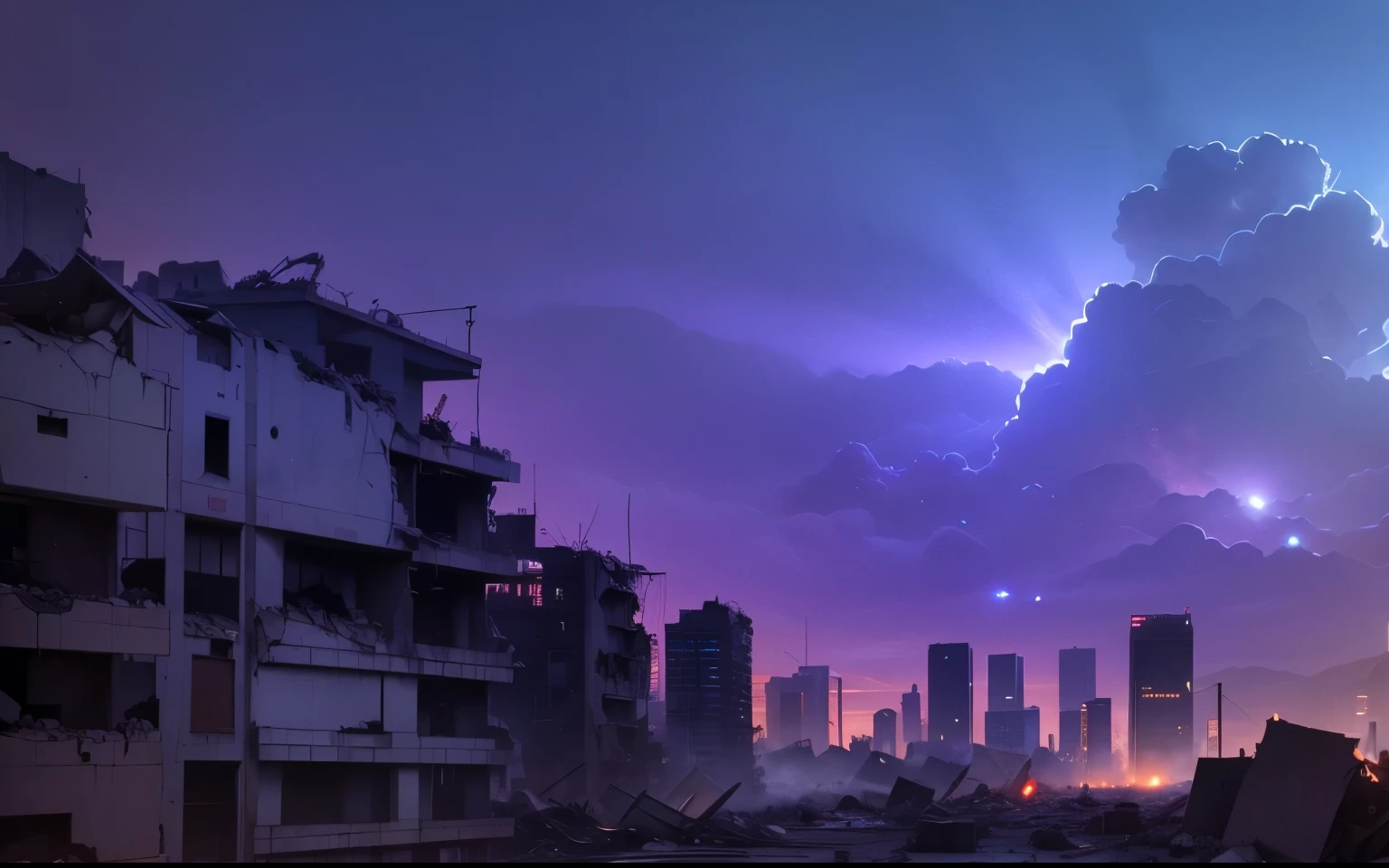 city, destroyed, rubble, night, anime, background