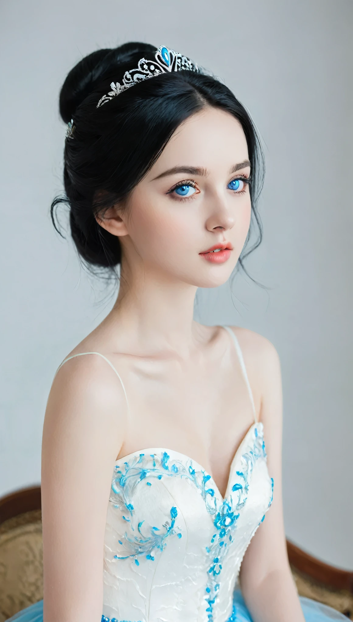 A beautiful and gorgeous young princess，With black hair and blue eyes, She was wearing a beautiful white dress