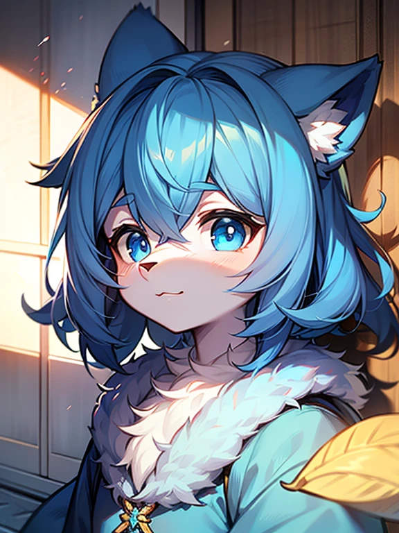 Furry, Blue fur, ultra cute face, Blue elements of fur, Beautiful light and shadow, Zhou Haoguang, Very fine fur, Volumetric Light, cute.Light blue eyes
