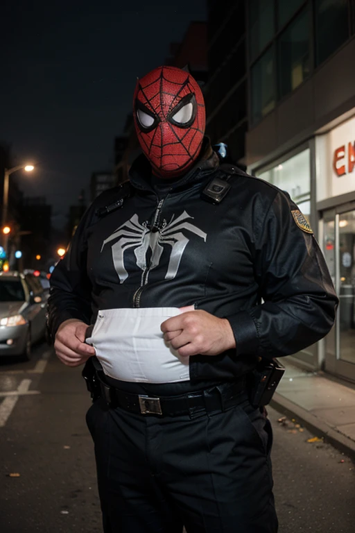 Fat policeman with Spiderman mask