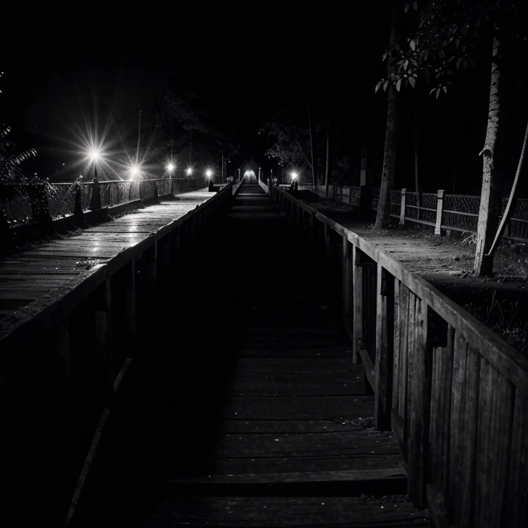 make a black and white photo from the 1900s of a haunted bridge on the edge of an Indonesian village and there is a camera left in the middle of the bridge, dark background of a haunted night, hyper realistic, 8k, ultra HD