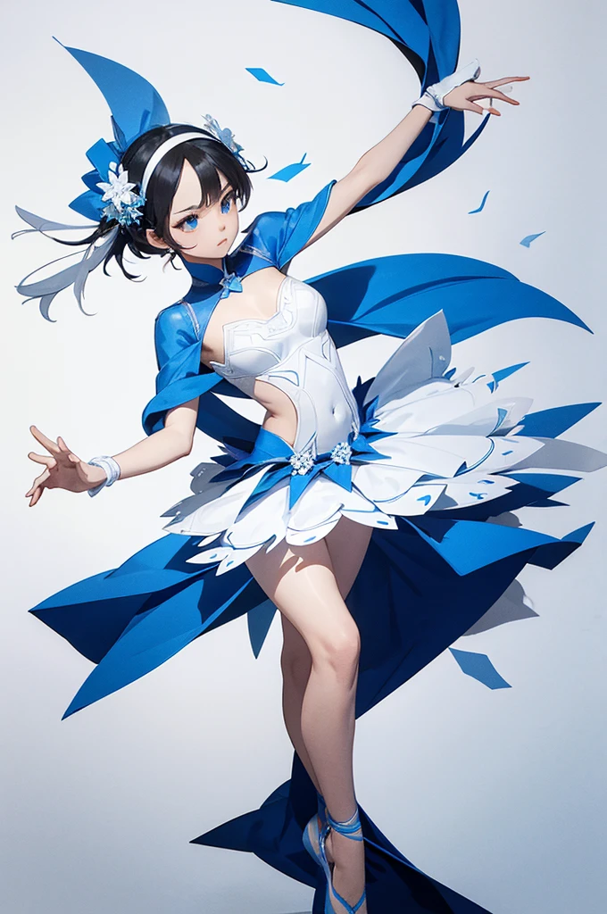 paper cutout art,white background,blue paper,delcate cutout,graftical designed,floating dancer,