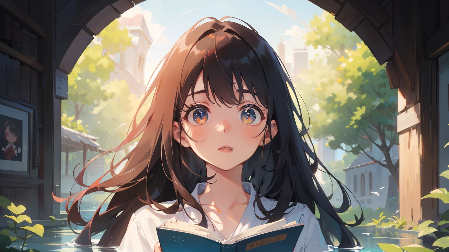 (masterpiece), (highest quality), Ultra-high resolution, Sharp focus, ((1 female, alone)), whole body, Dutch Shot, Beautiful detailed hair, Chestnut Hair,  long hair hanging down, Beautifully detailed face, ((Beautiful eye shape)), Perfect feminine face, Surprised face, Open your lips, Good for the audience, In the water,Reading a book