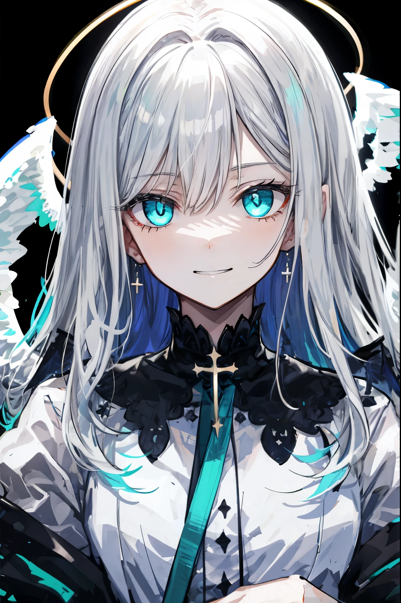 best quality、On the table、Super detailed、Face perfect、Extremely detailed、Extremely refined、1 boy, (scary), Angel, Gorgios, (Blanche halo), dark, Glowing eyes, Light blue eyes, Angel wings, Saint, , Blancheのチュニック, two ふしだらなBlanche angel wings, Be confident, Smile, shut your mouth、expressive eyes, Round eyes, Sharp contrast, Dark, On the table, The art of math, Glowing eyes, Daunting, damaged, Diabolical, Abstract Background, Blanche, Black and aqua green、両手にBlancheく輝く星を浮かばせる、Fear