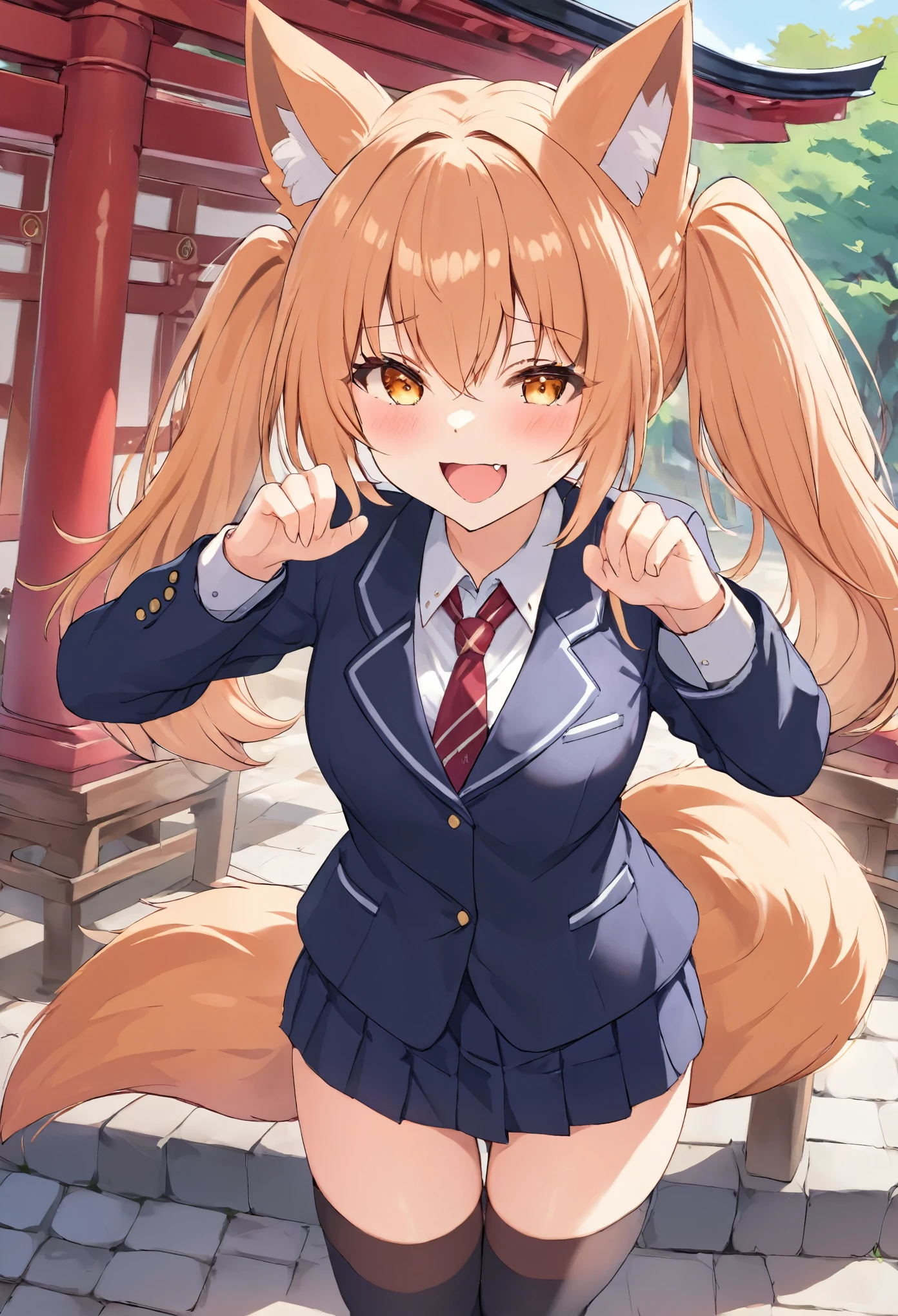 (((masterpiece, highest quality, High resolution,8k))),fox ear,fox tail,paw pose,,Shy laugh,shrine,((School Uniform)),blazer,Thigh-high socks