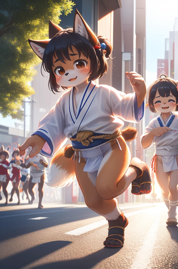 rear Bokeh , hairy fox girl , Short stature , realistic hairy fur , round face , Swollen cheeks , glossy lips , Childish hairstyle , 2 Hair ties , Japanese festivals, hakata yamakasa , happi coats , fundoshi , summer sunny day , cumulonimbus , running , Crowds along the road